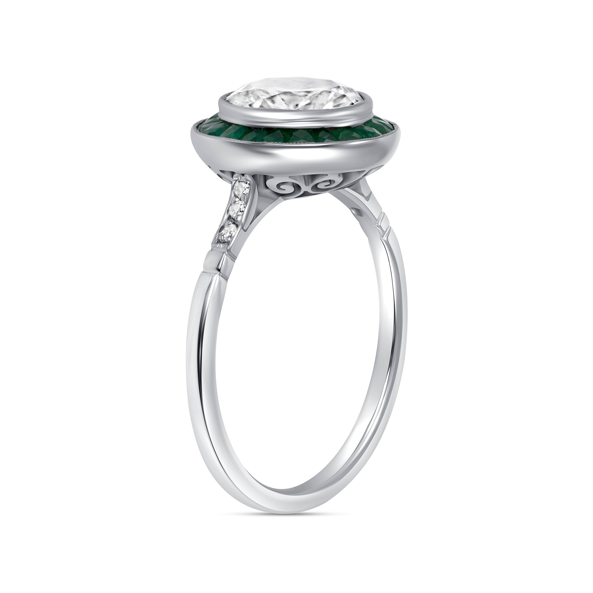 Round Diamond and Emerald Halo Ring in Platinum