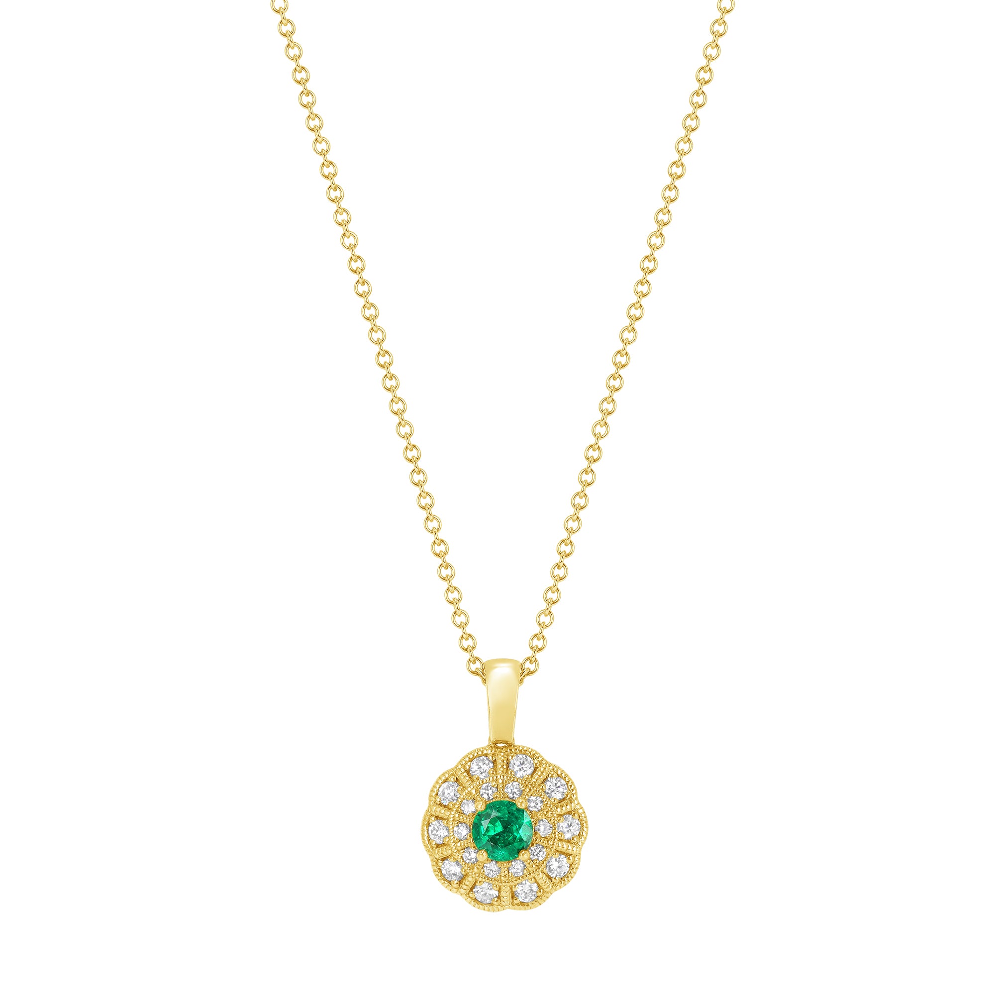 Green Emerald And Diamond Halo Pendant In 18 Karat Yellow Gold