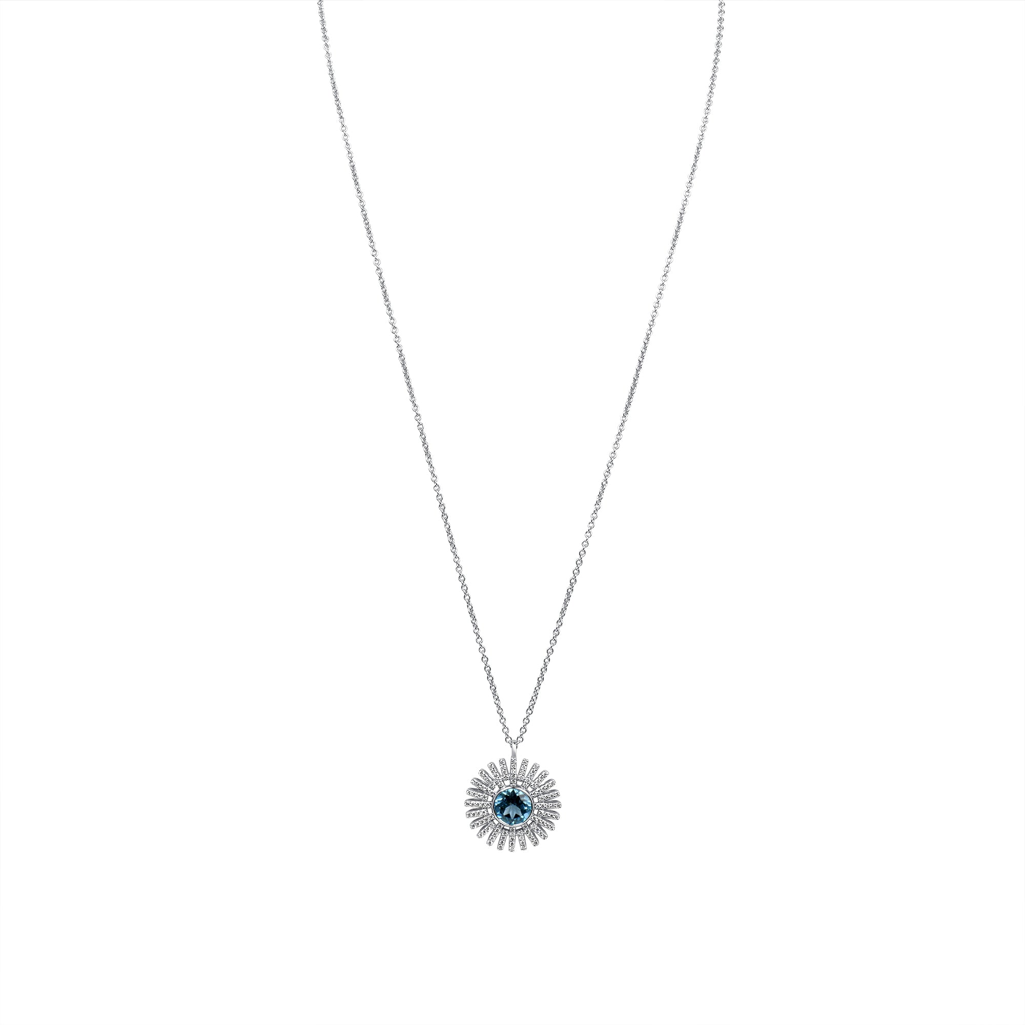 Round Blue Topaz Sun Necklace in 14K White Gold