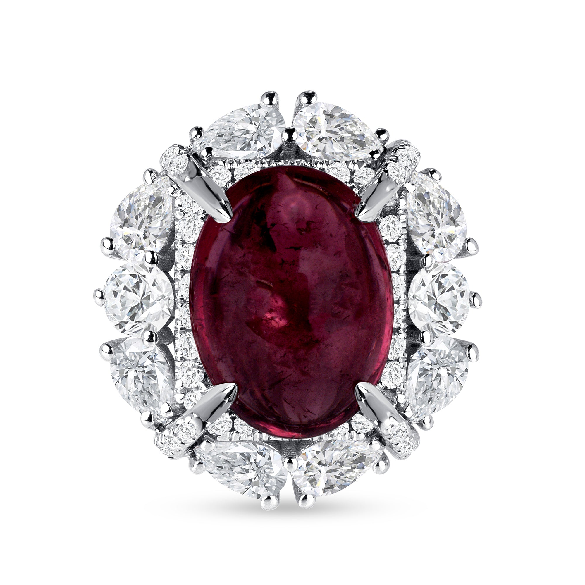 Oval Cut Ruby Cabochon Ring With A Diamond Halo In Platinum Ruthenium