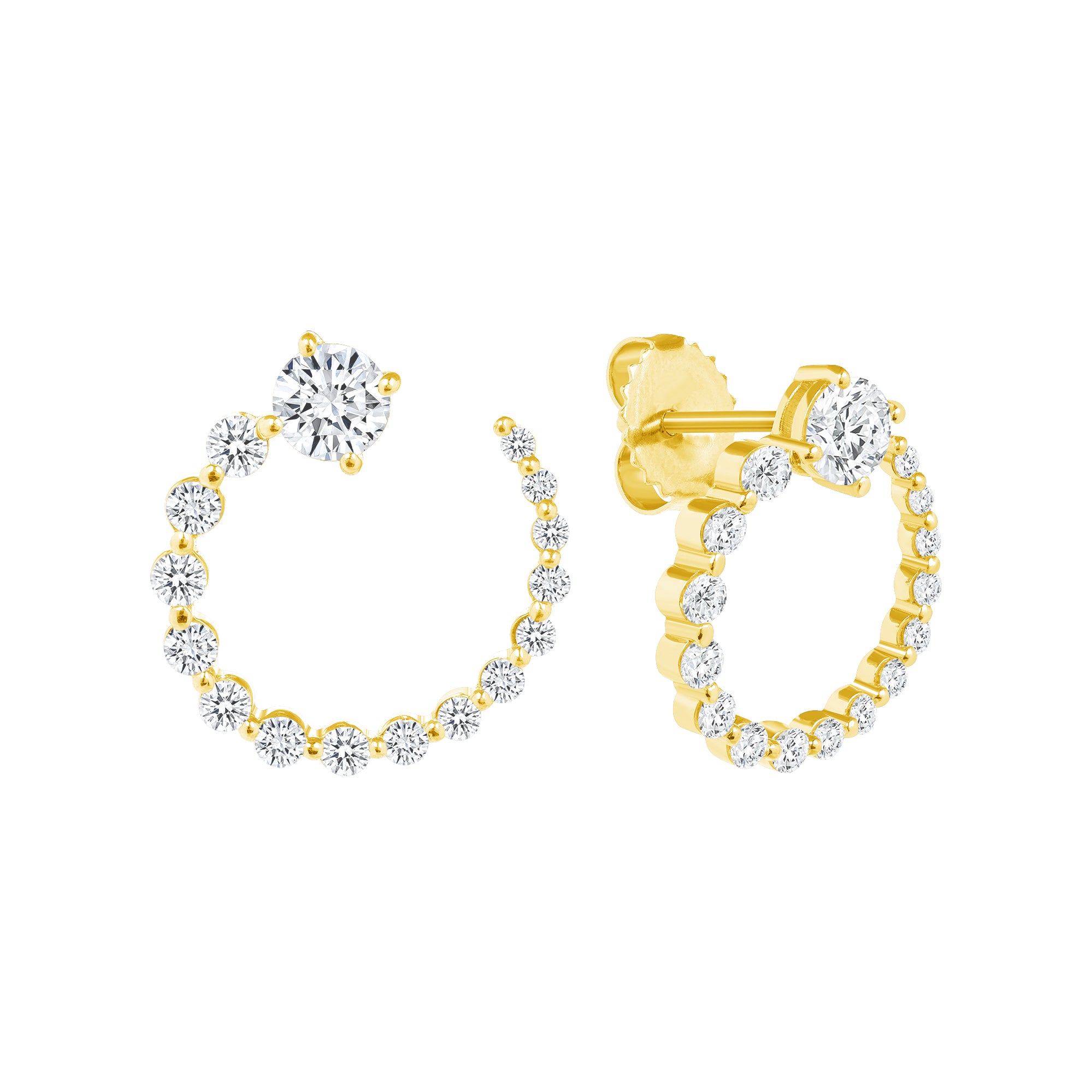 Round Brilliant Cut Graduated Diamond Open Hoop Swirl Earrings in 18K Yellow Gold