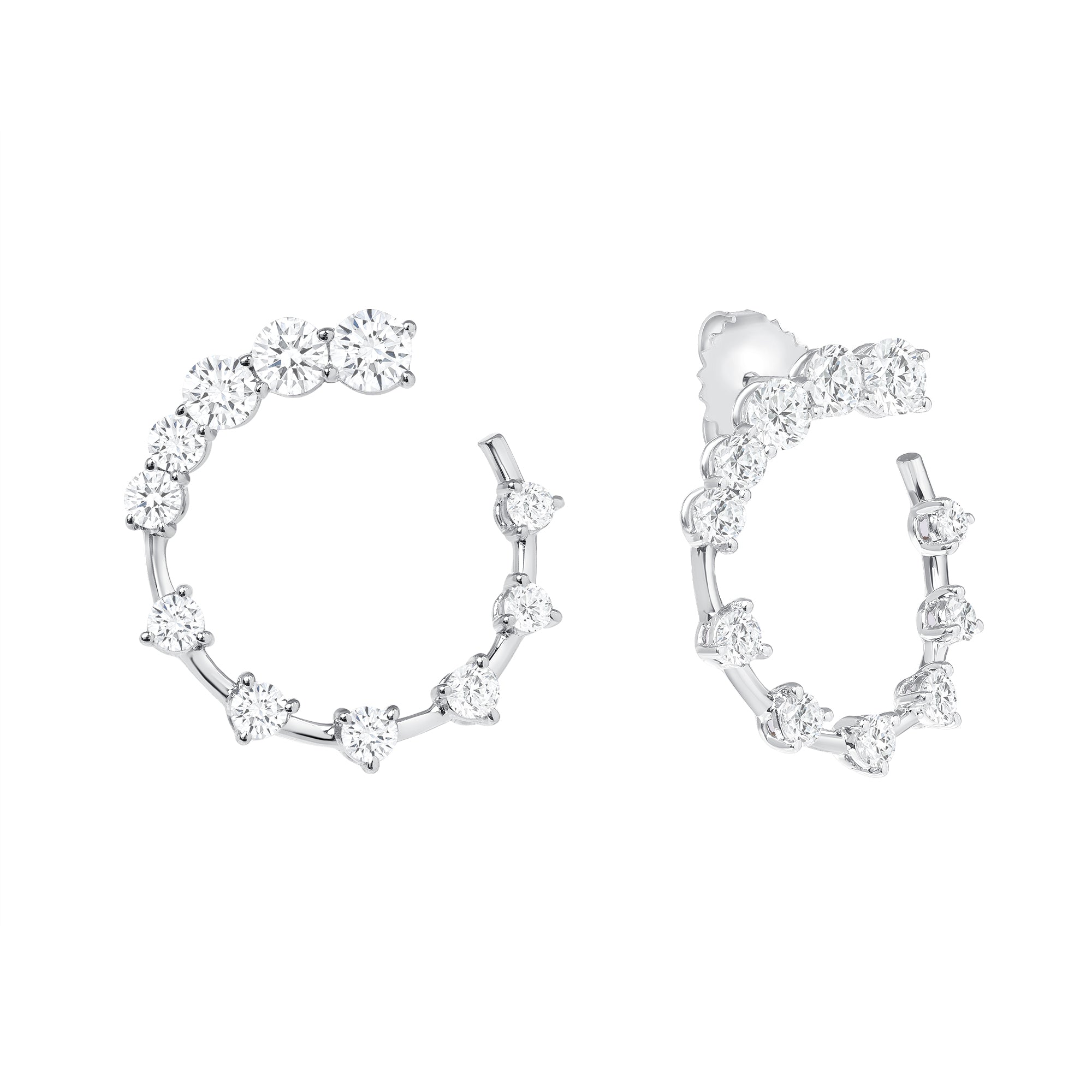 Round Brilliant Cut Diamond Open Hoop Swirl Earrings in 18K White Gold