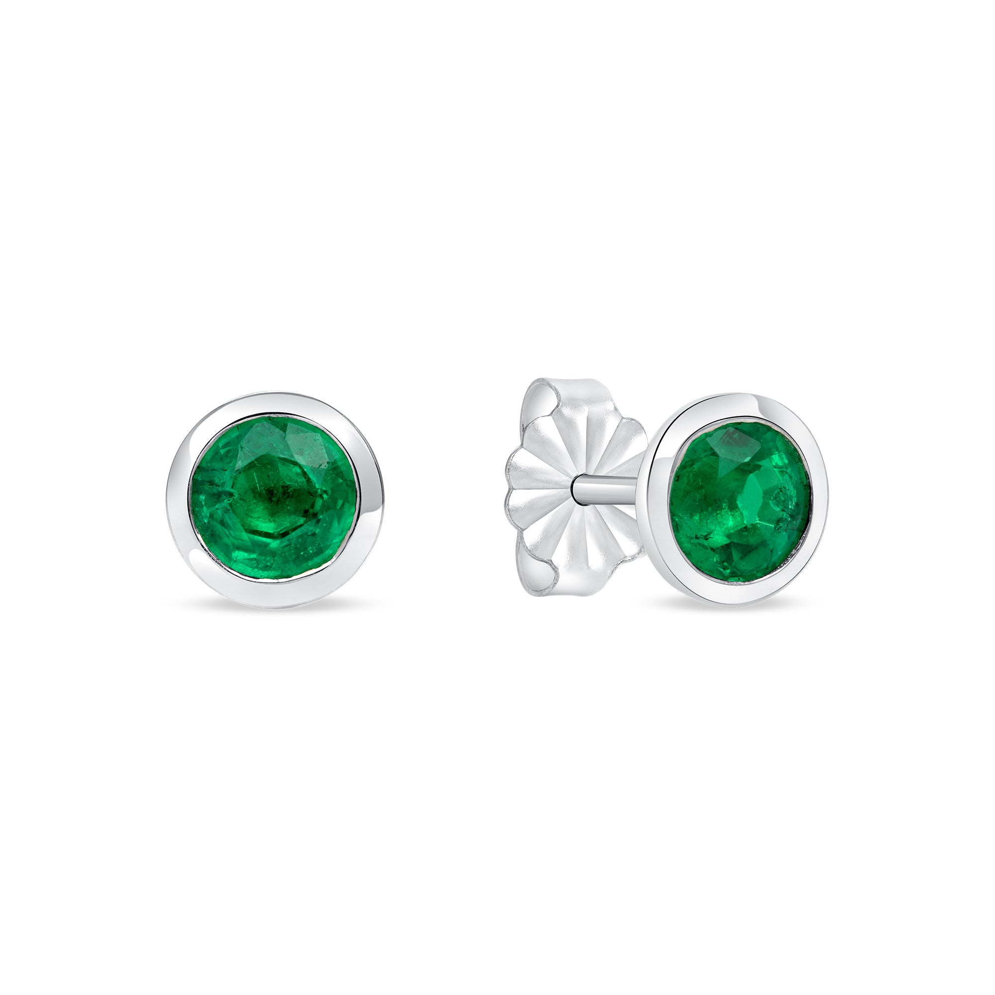 Green Emerald Bezel Set Earrings In 18 Karat White Gold