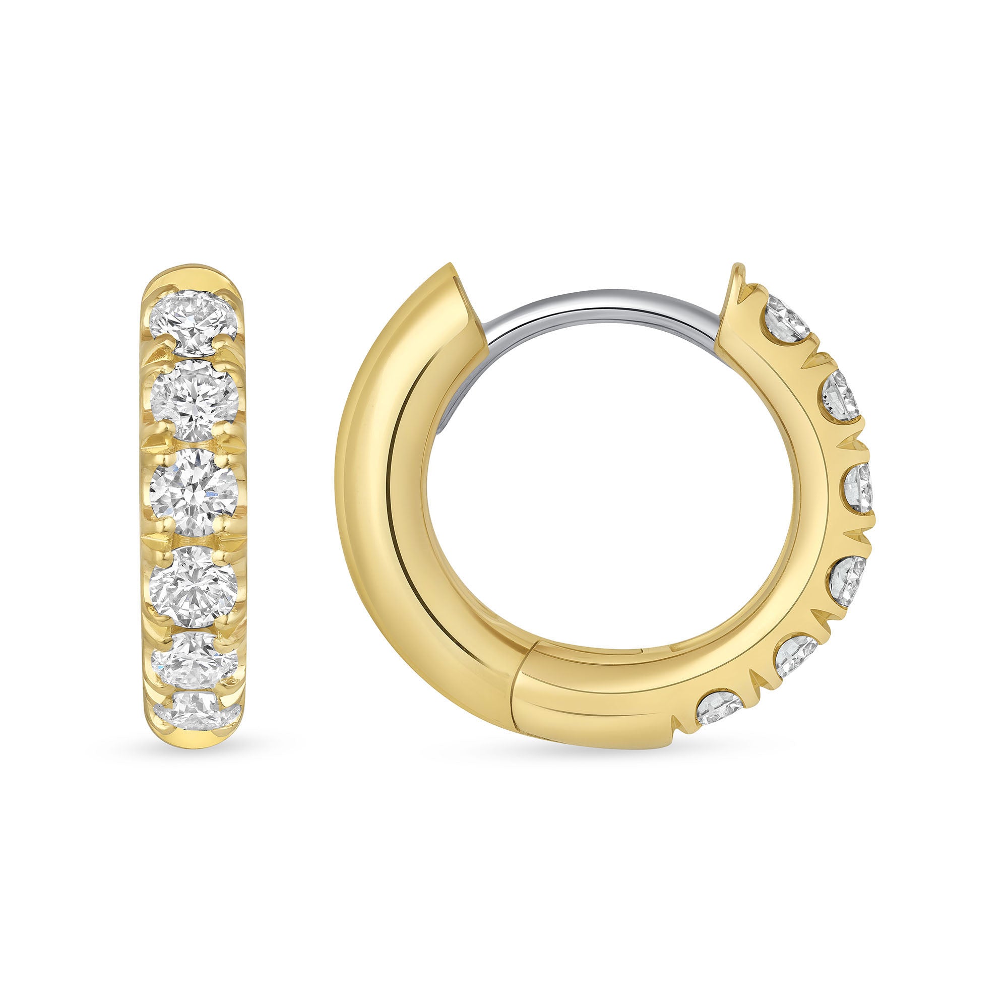 Round Cut Diamond Huggie Hoop Earrings in Yellow Gold