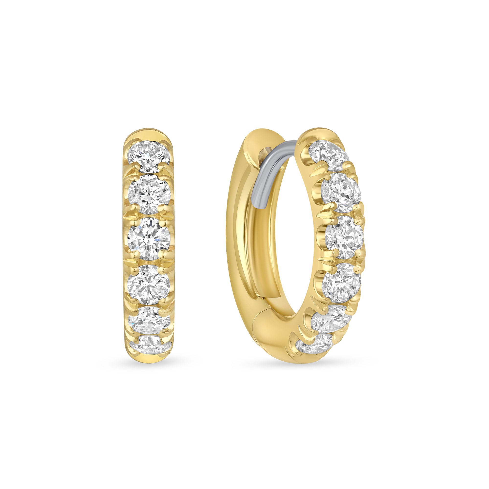 Round Cut Diamond Huggie Hoop Earrings in Yellow Gold