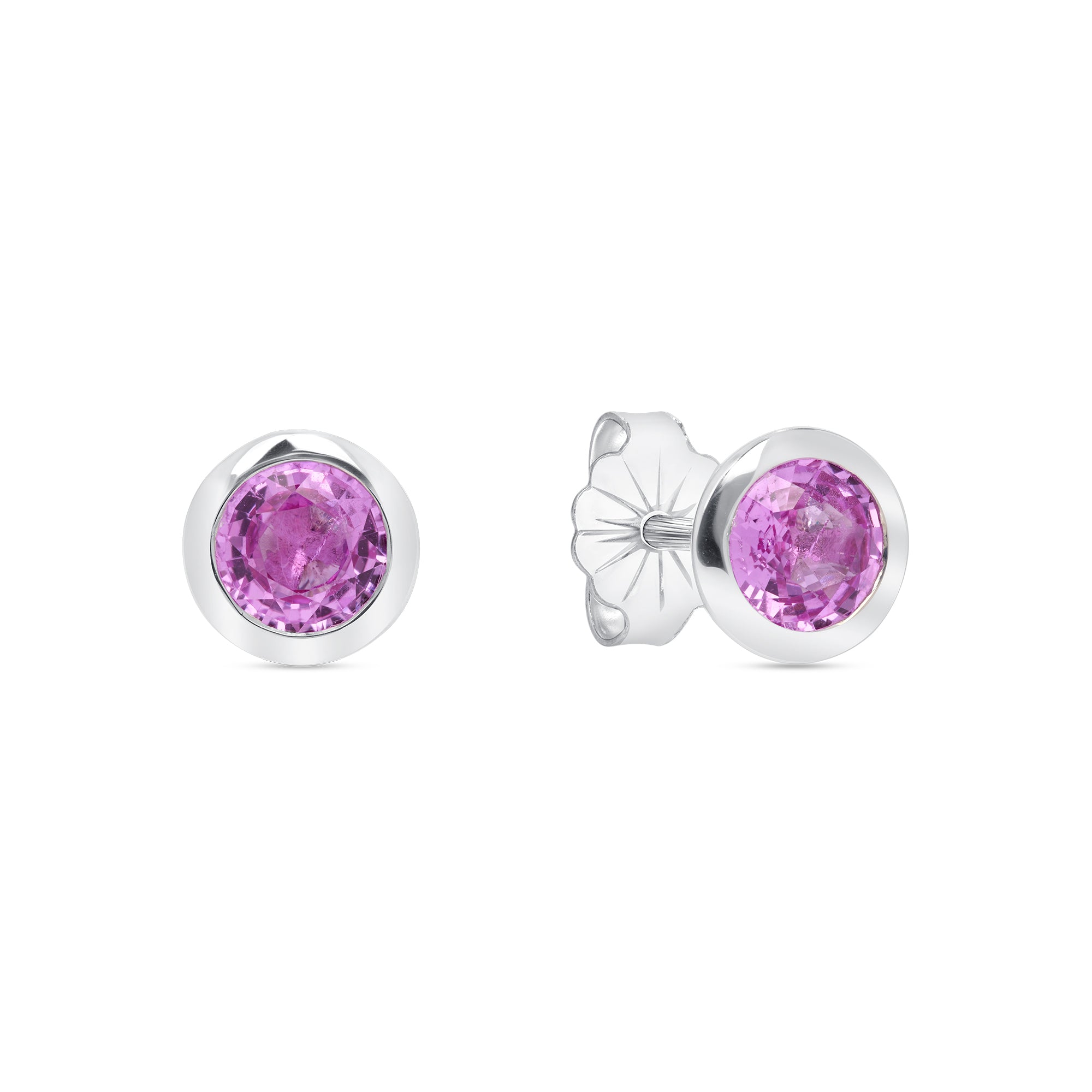 Pink Sapphire Bezel Set Earrings In 18 Karat White Gold