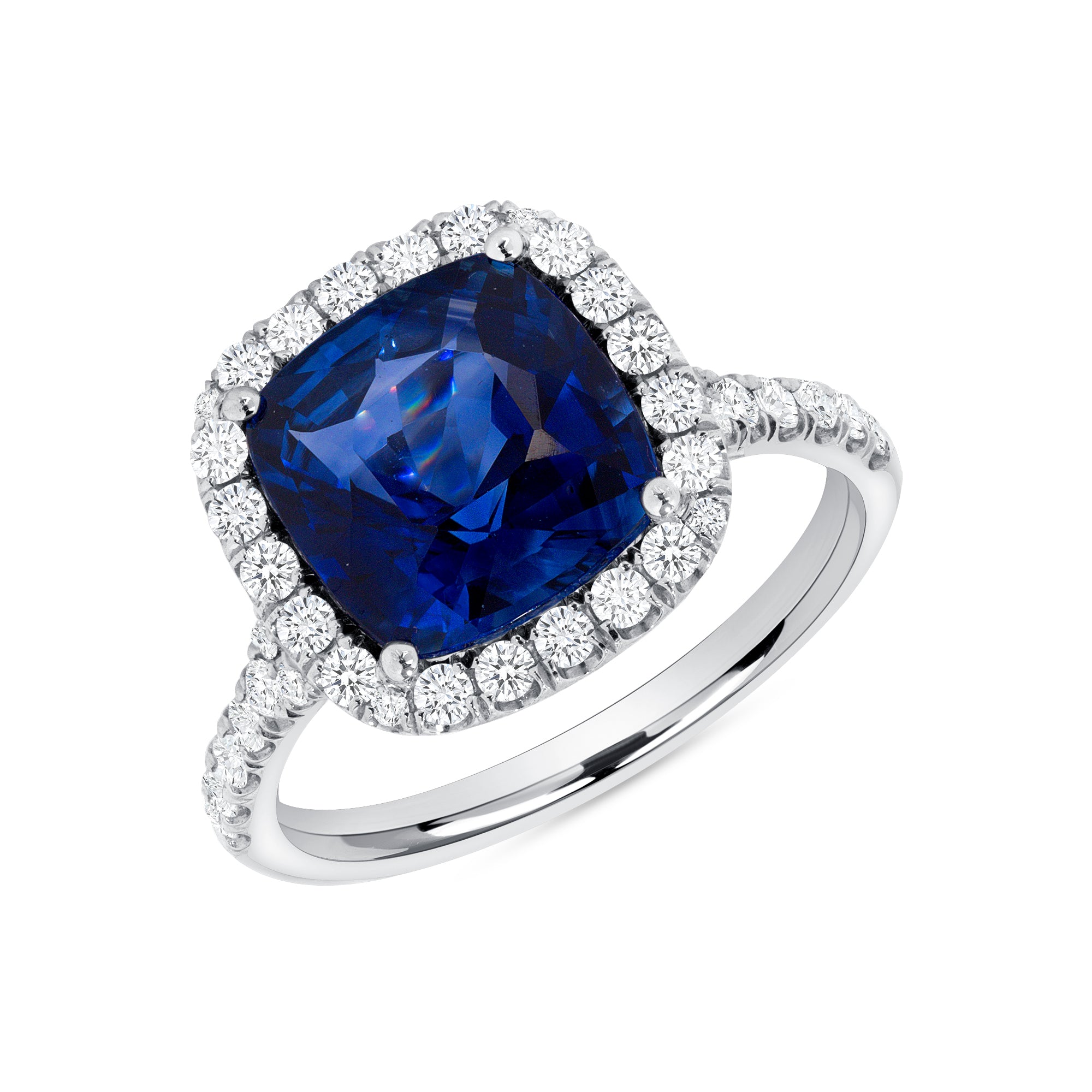 Cushion Cut Blue Sapphire Diamond Halo Ring In Platinum