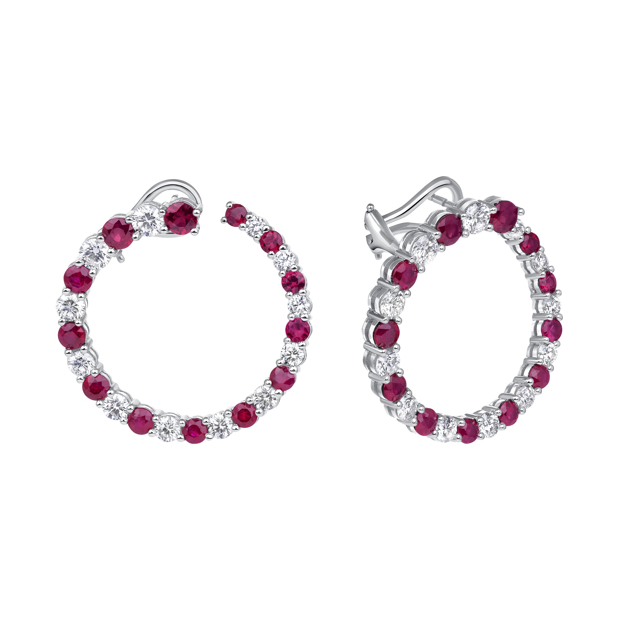 Graduated Round Cut Ruby & Diamond Hoop Earrings in 18 Karat White Gold