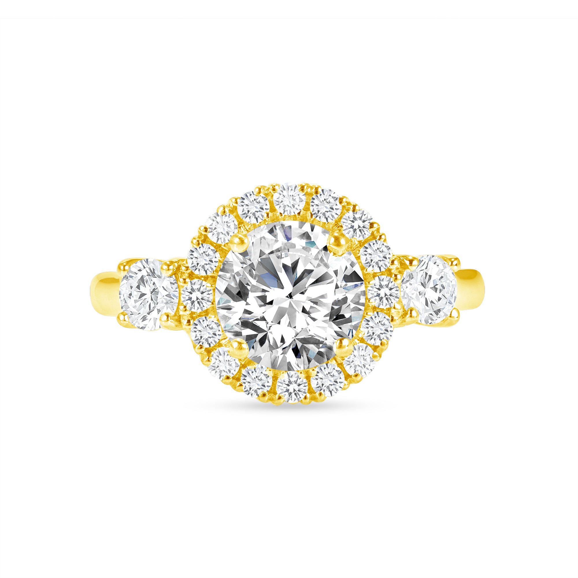 Round Brilliant Cut Three Stone Halo Engagement Ring In 18 Karat Yellow Gold