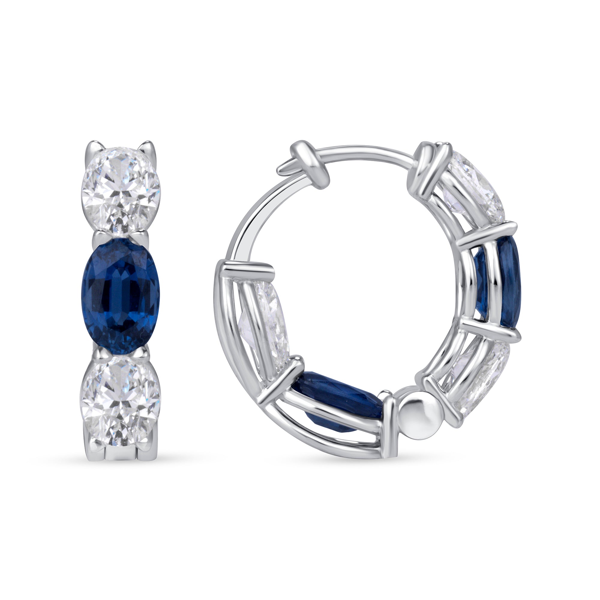 Oval Cut Blue Sapphire and White Diamond Inside-Out Huggie Hoop Earrings in 18K White Gold