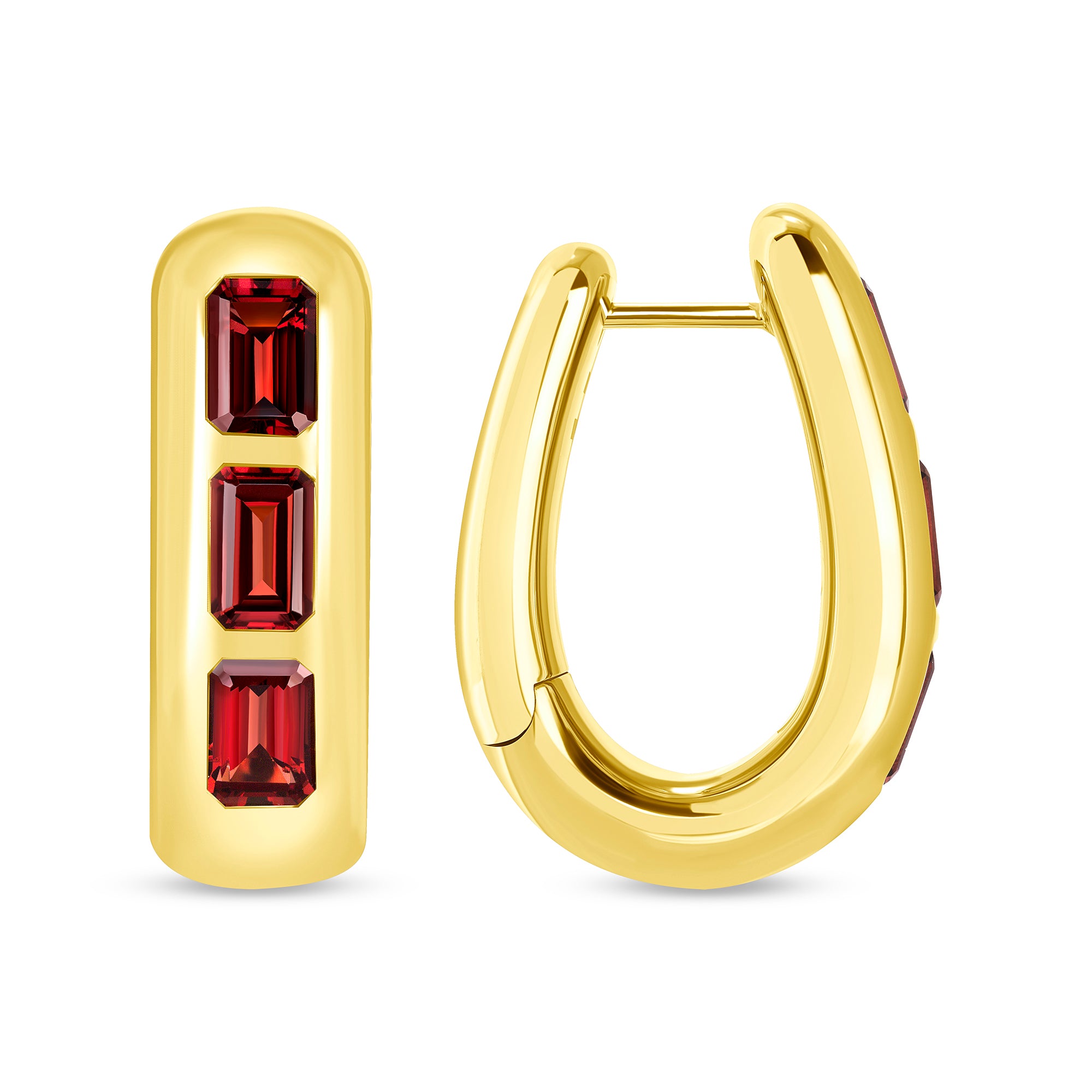 Emerald-Cut Ruby Huggie Hoop Earrings in 18K Yellow Gold