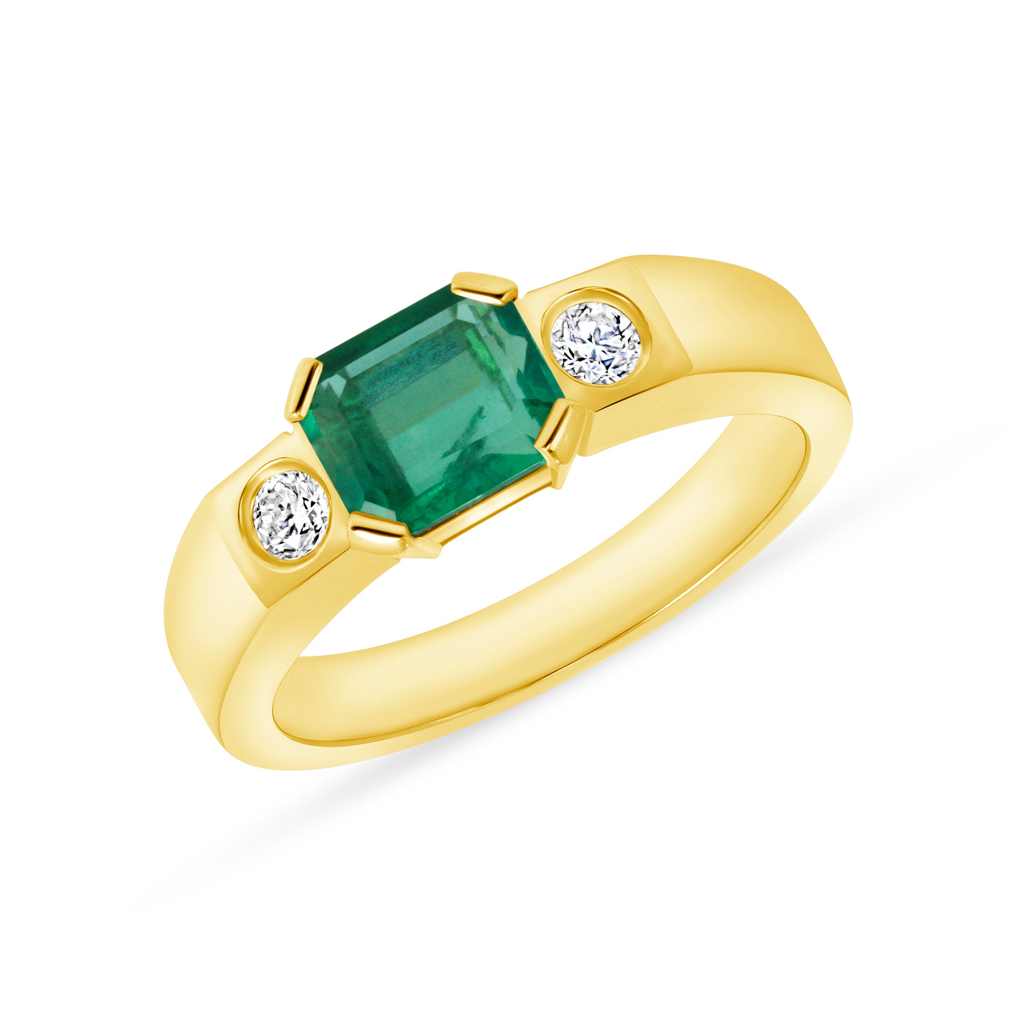 Emerald Cut Emerald and Diamond Three Stone Ring in 18K Yellow Gold