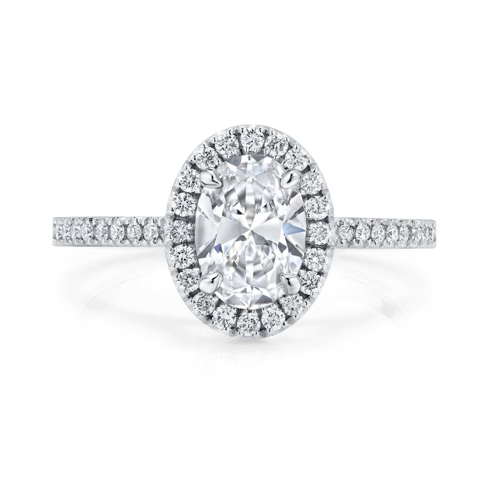 Oval Diamond Halo Ring with Pavé Band in Platinum