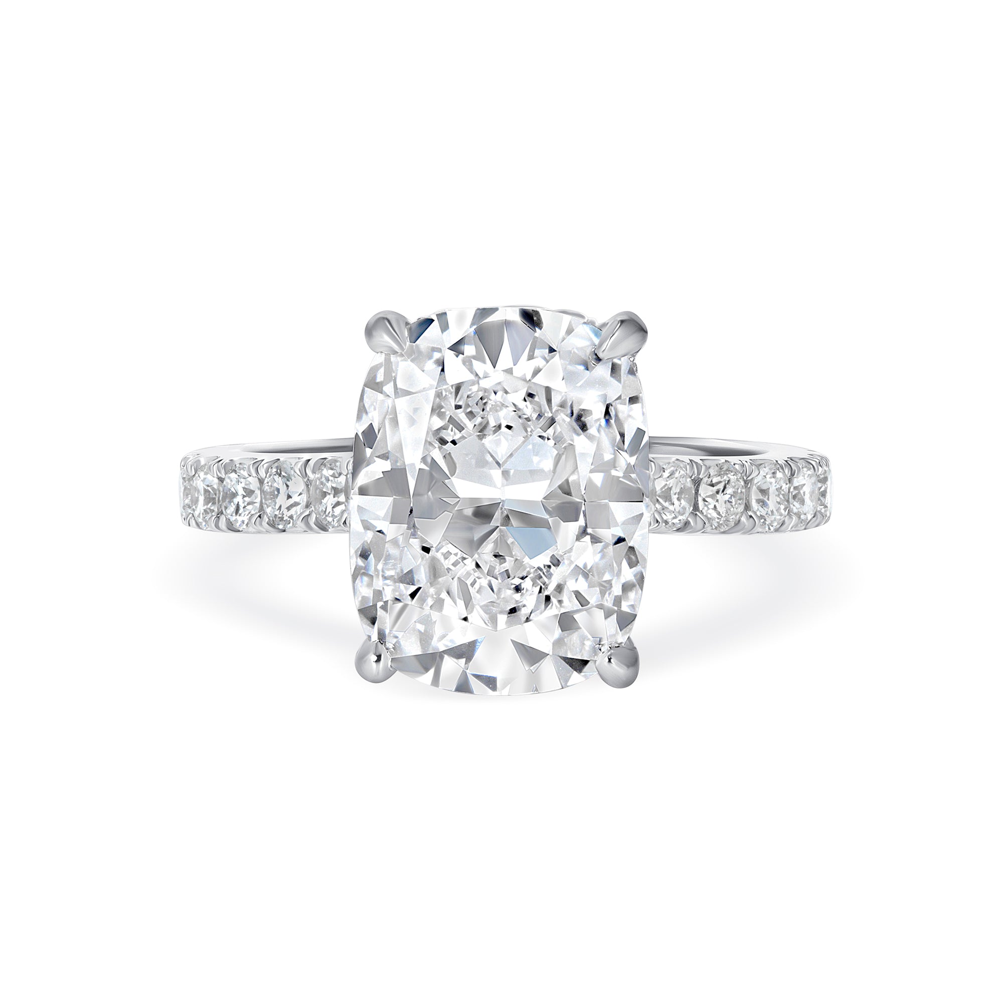 Elongated Cushion Cut Diamond Engagement Ring with Pavé Band in Platinum