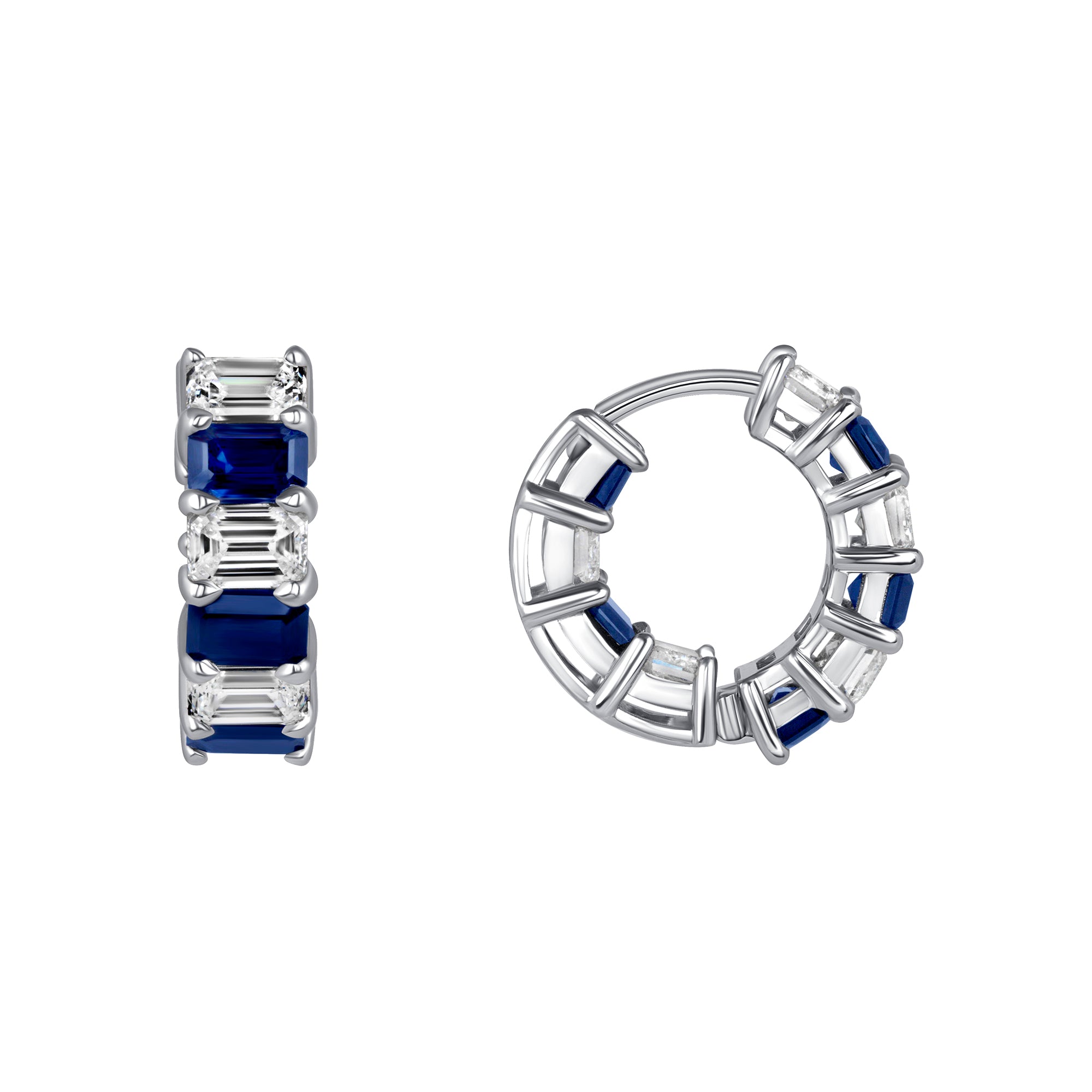 Emerald-Cut Sapphire & Diamond Inside-Out Hoop Earrings in 18K White Gold