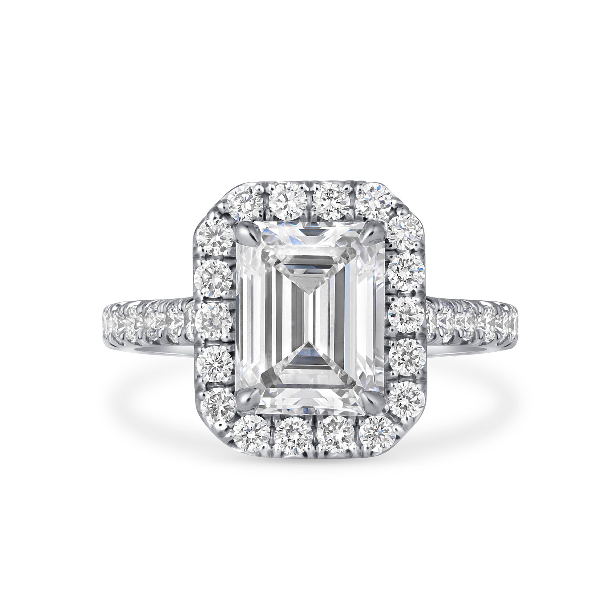 Emerald Cut Diamond Pavé Ring with Halo in Platinum Ruthenium
