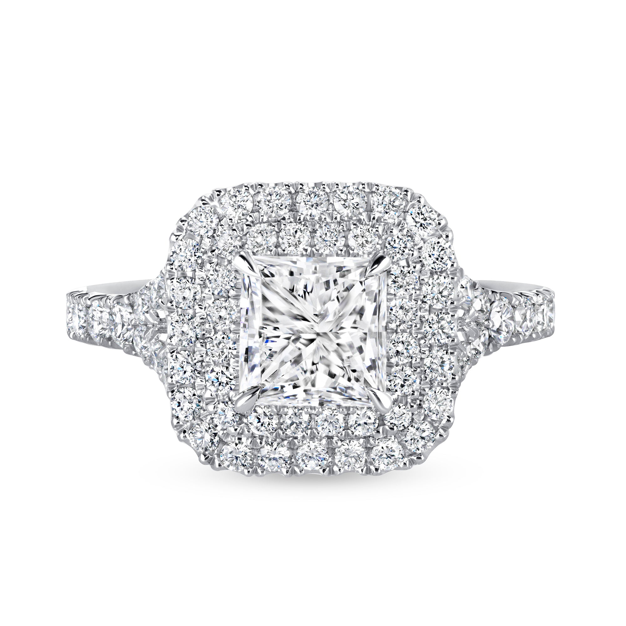 Princess Cut Diamond Double Halo Pavé Engagement Ring in Platinum