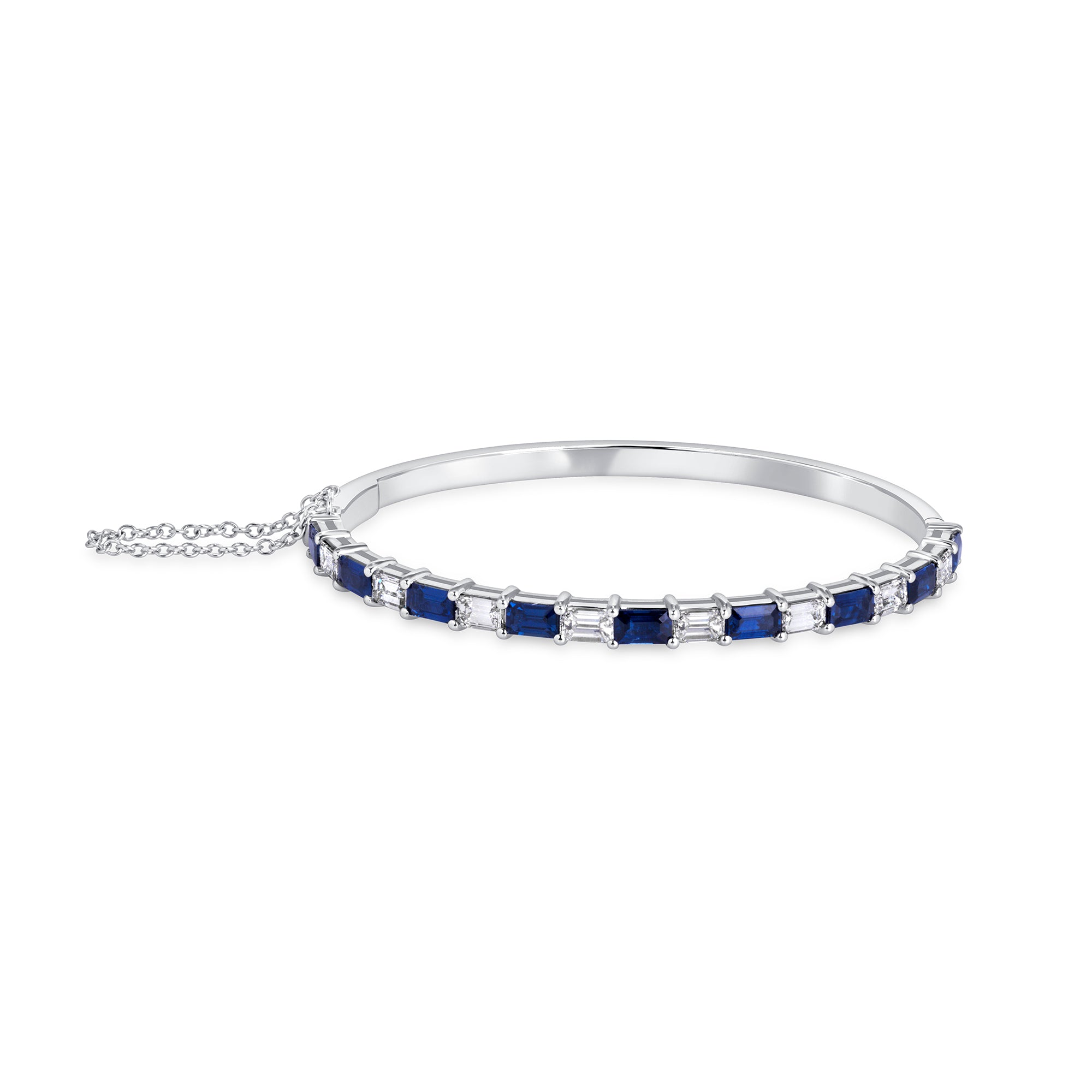 East-West Emerald Cut Sapphire & Diamond Hinged Bangle Bracelet In 18 Karat White Gold