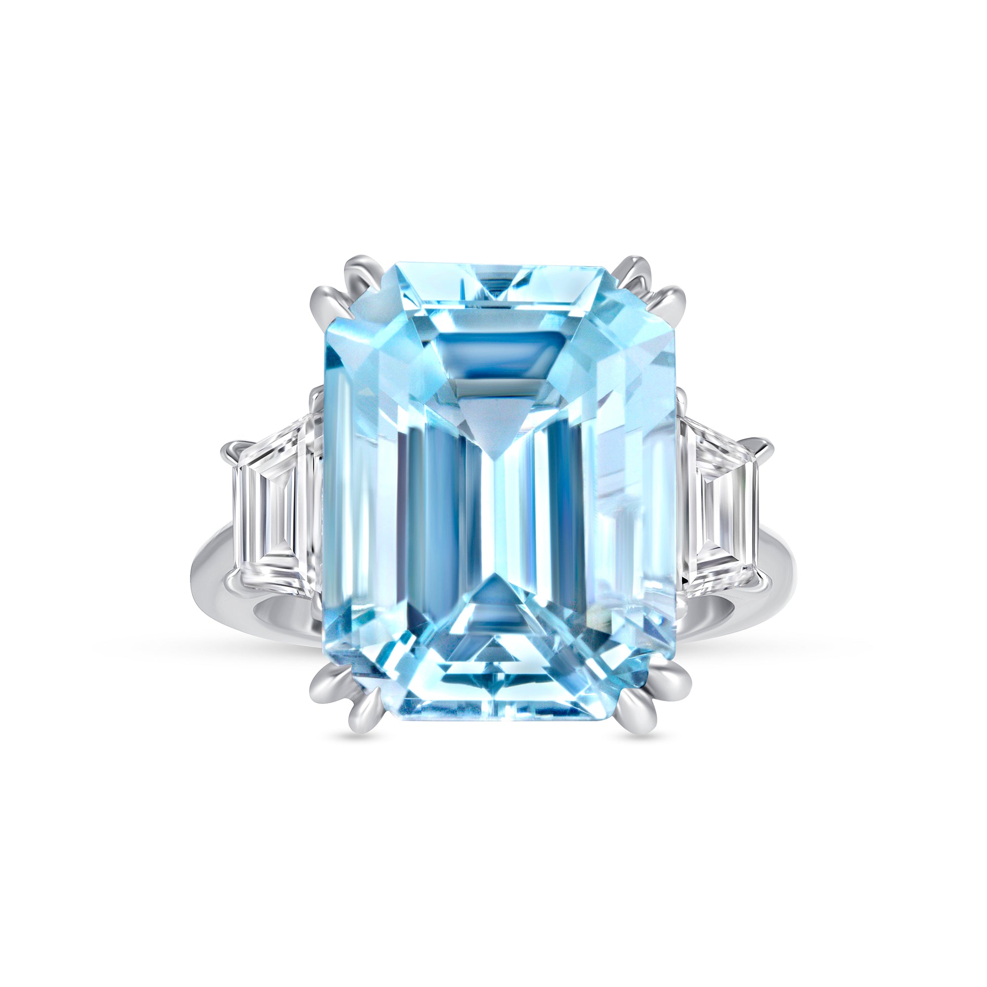 Emerald Cut Aquamarine and Trapezoid Diamond Three Stone Ring in Platinum
