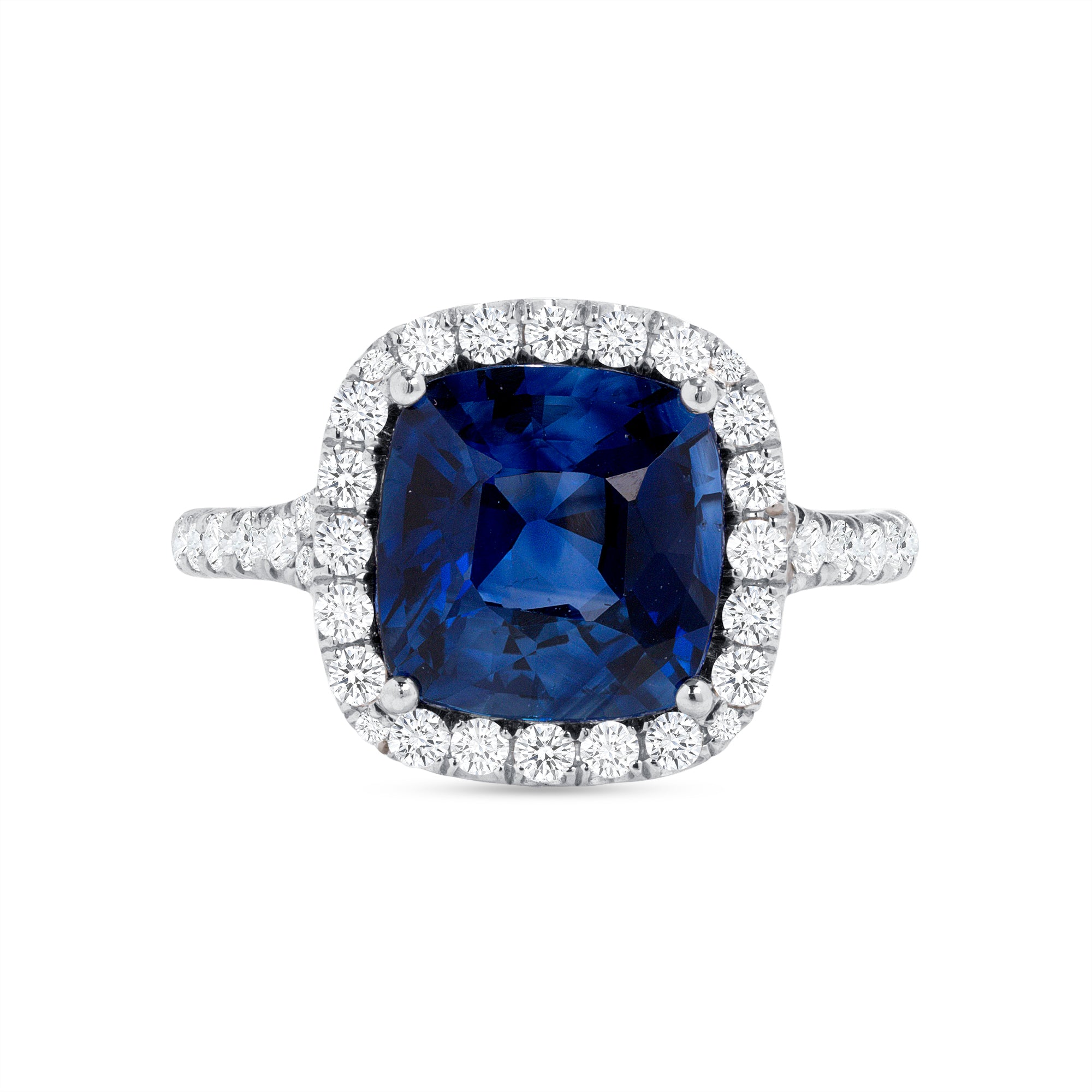 Cushion Cut Blue Sapphire Diamond Halo Ring In Platinum
