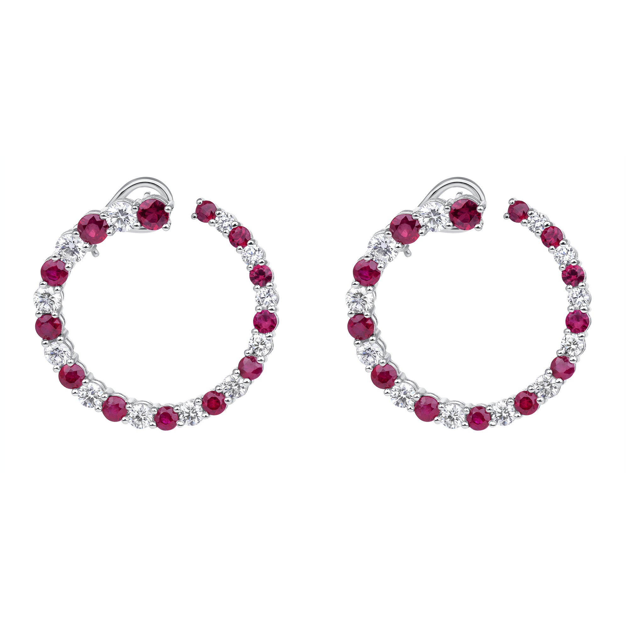 Graduated Round Cut Ruby & Diamond Hoop Earrings in 18 Karat White Gold