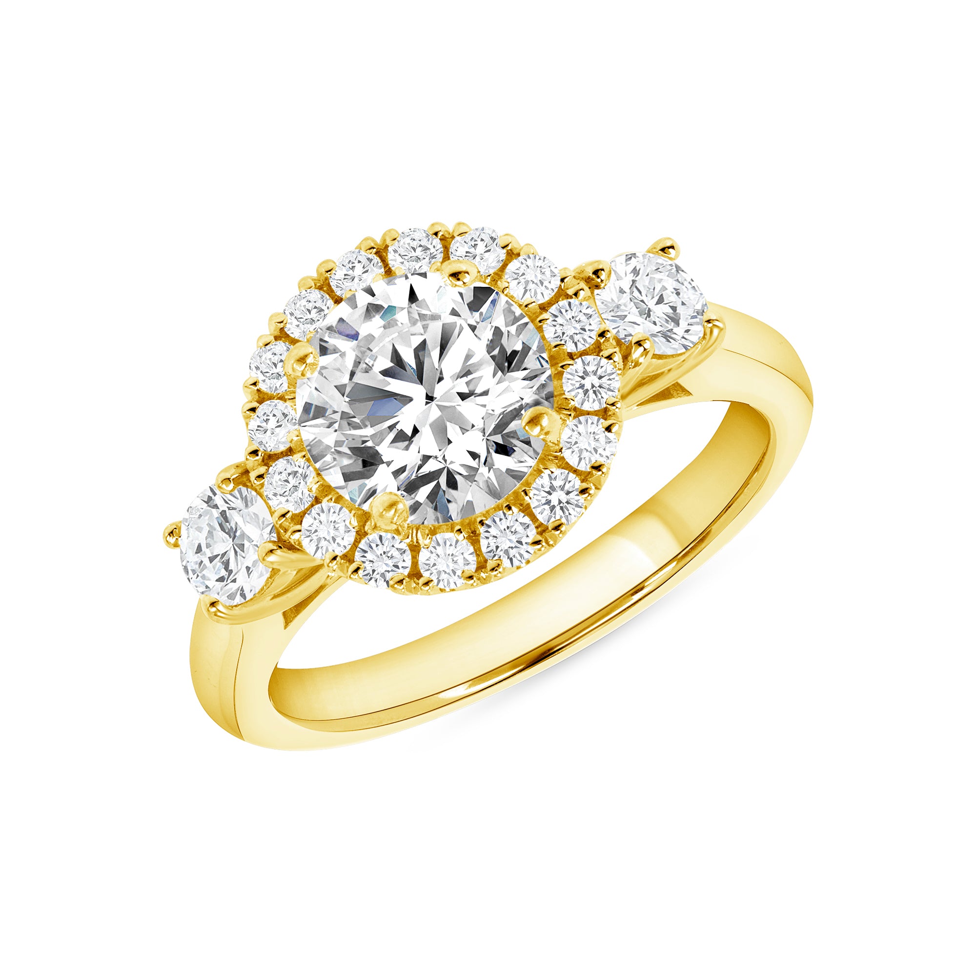 Round Brilliant Cut Three Stone Halo Engagement Ring In 18 Karat Yellow Gold