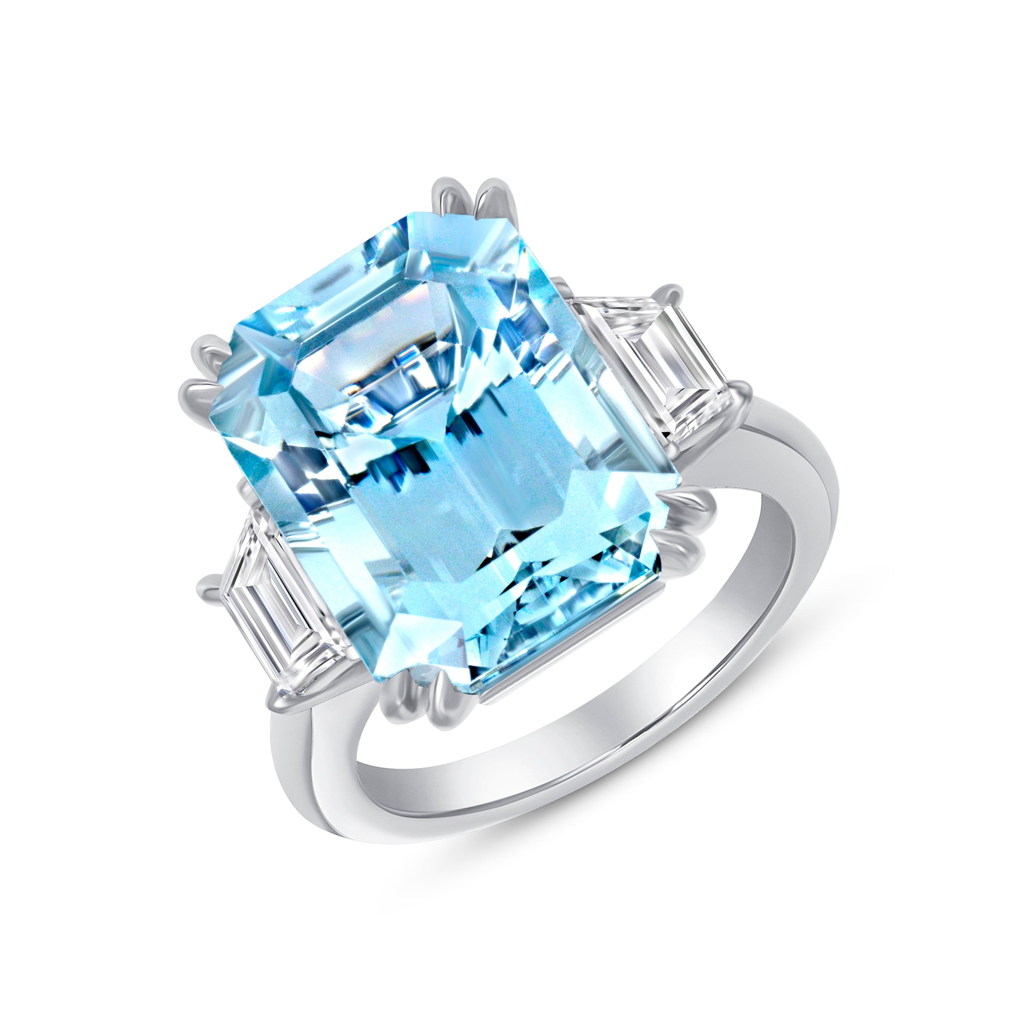 Emerald Cut Aquamarine and Trapezoid Diamond Three Stone Ring in Platinum