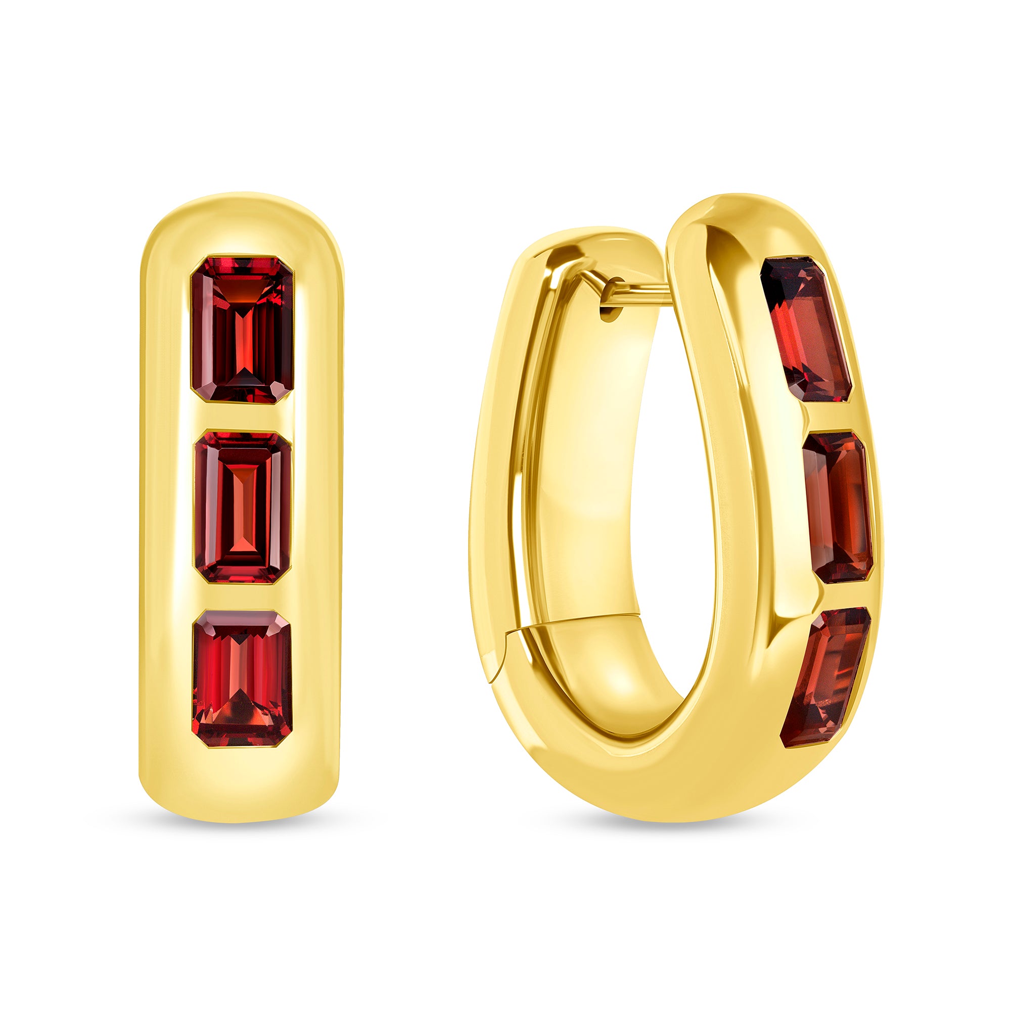 Emerald-Cut Ruby Huggie Hoop Earrings in 18K Yellow Gold