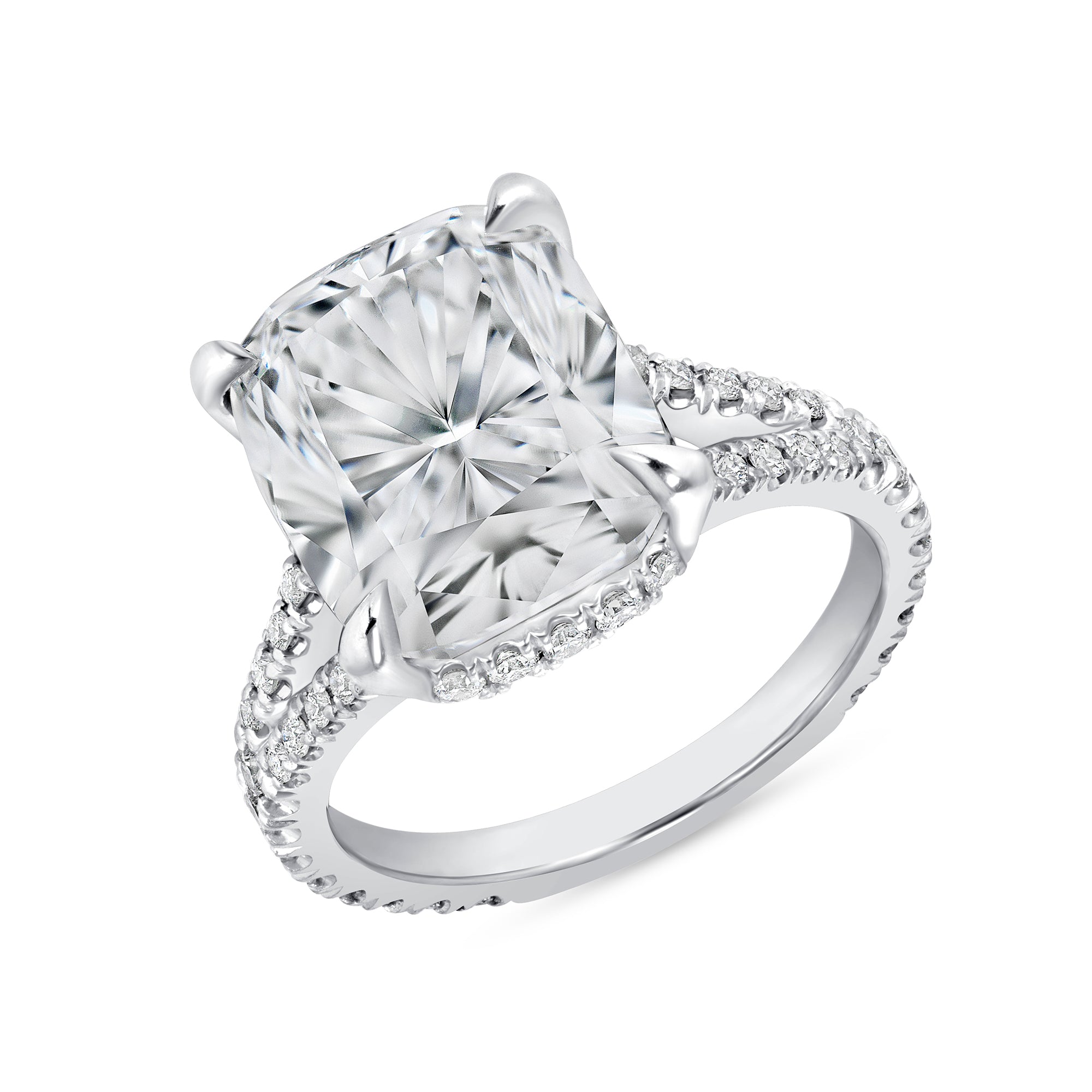 Cushion Cut Diamond Hidden Halo Engagement Ring with Pavé Split Band in Platinum Ruthenium