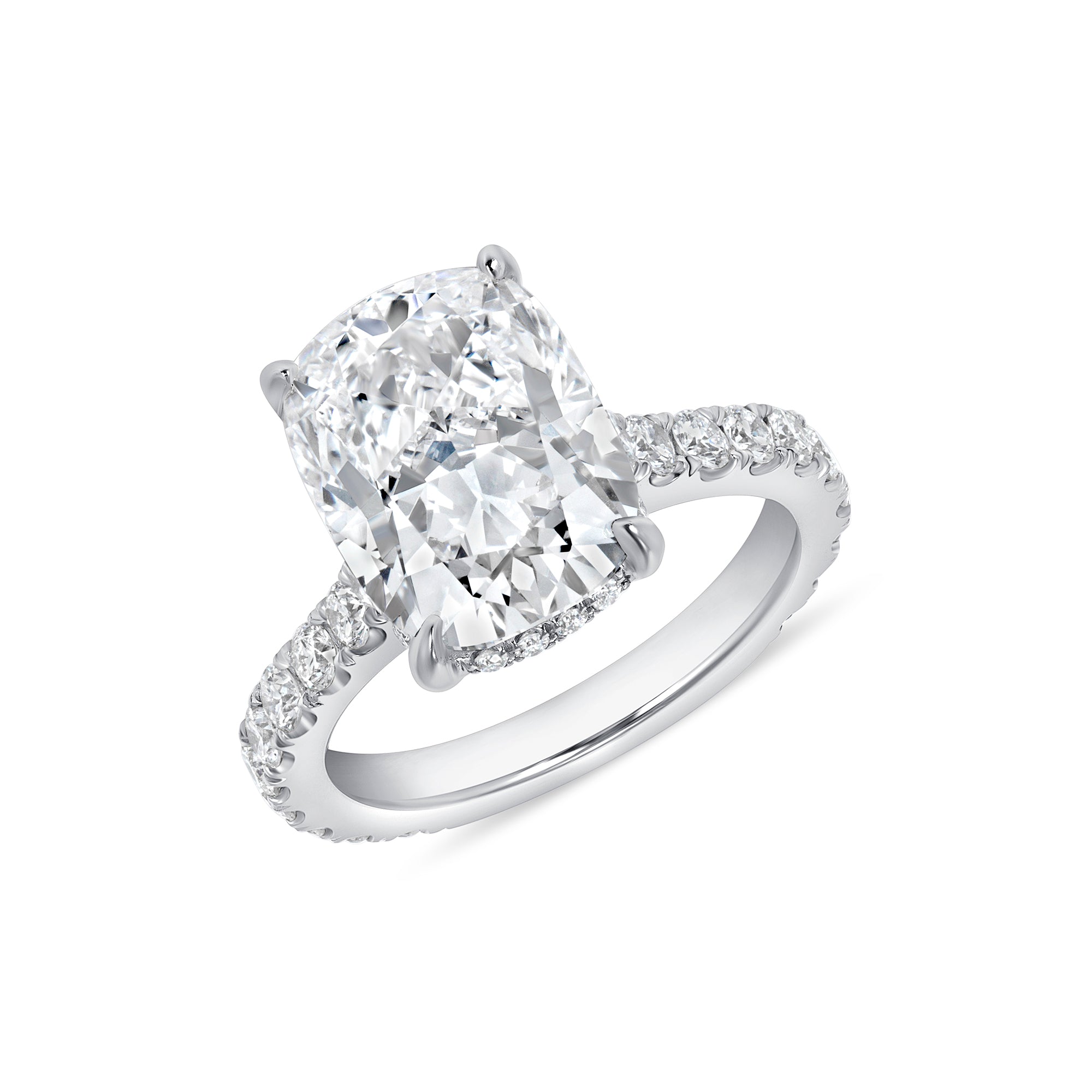 Elongated Cushion Cut Diamond Engagement Ring with Pavé Band in Platinum