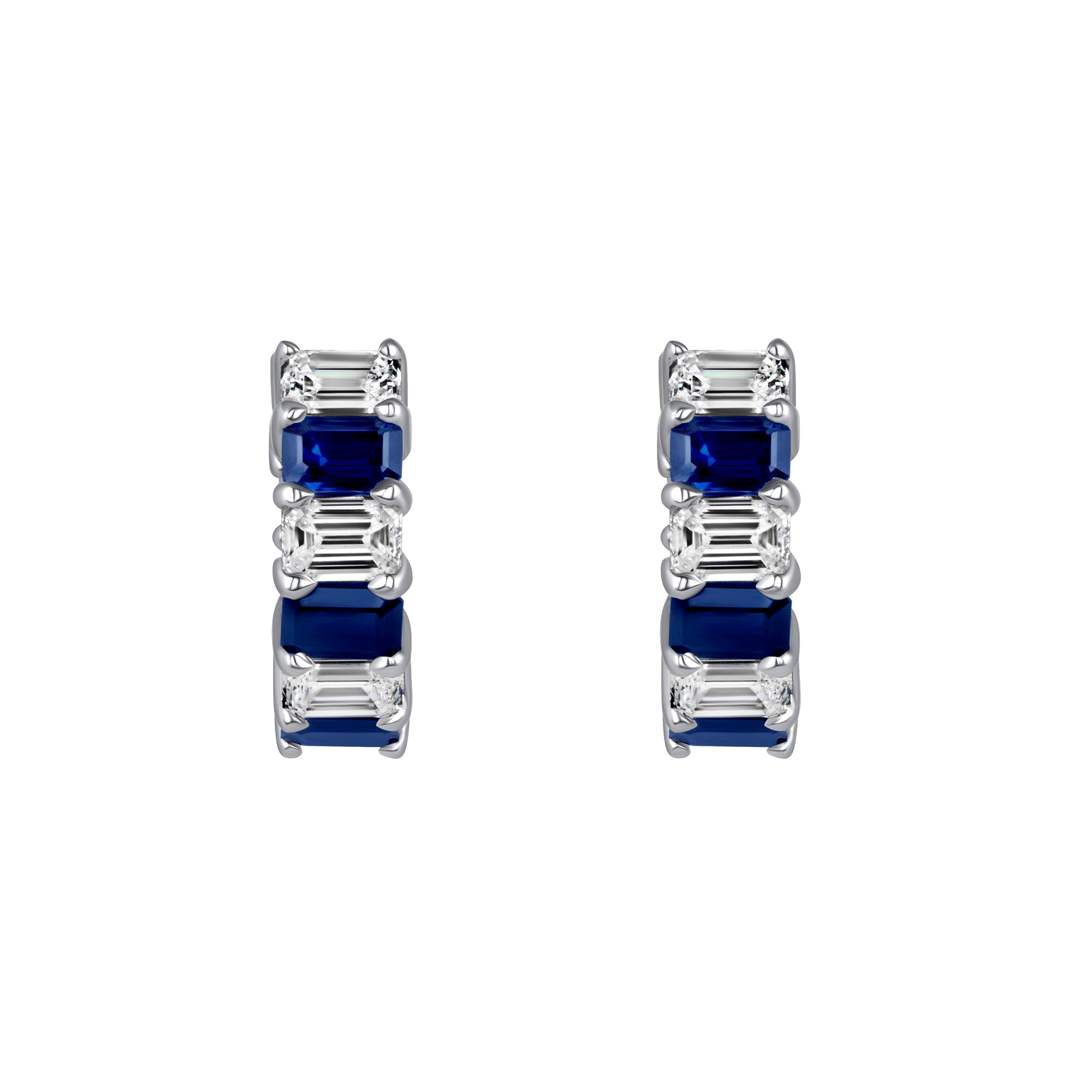 Emerald-Cut Sapphire & Diamond Inside-Out Hoop Earrings in 18K White Gold
