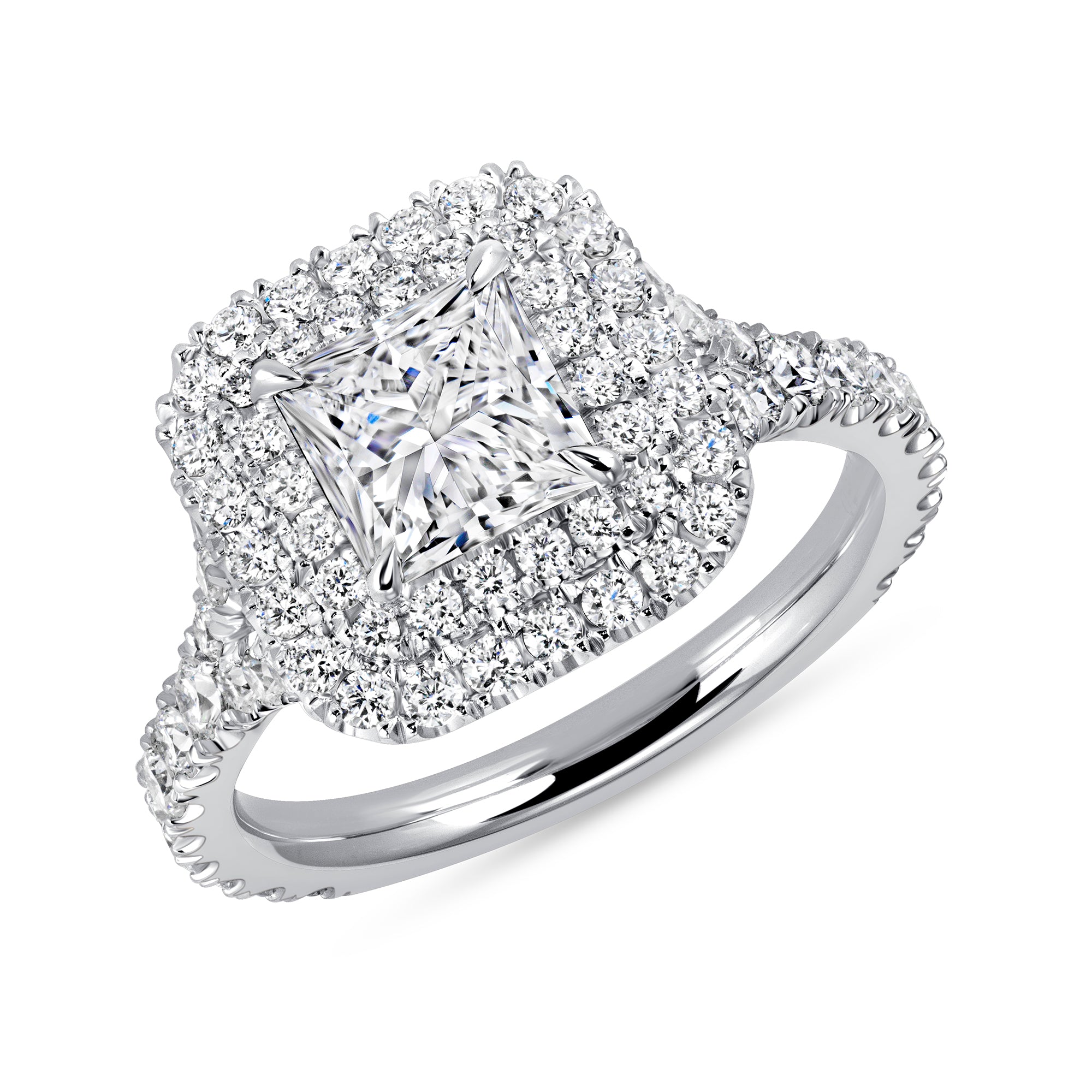 Princess Cut Diamond Double Halo Pavé Engagement Ring in Platinum