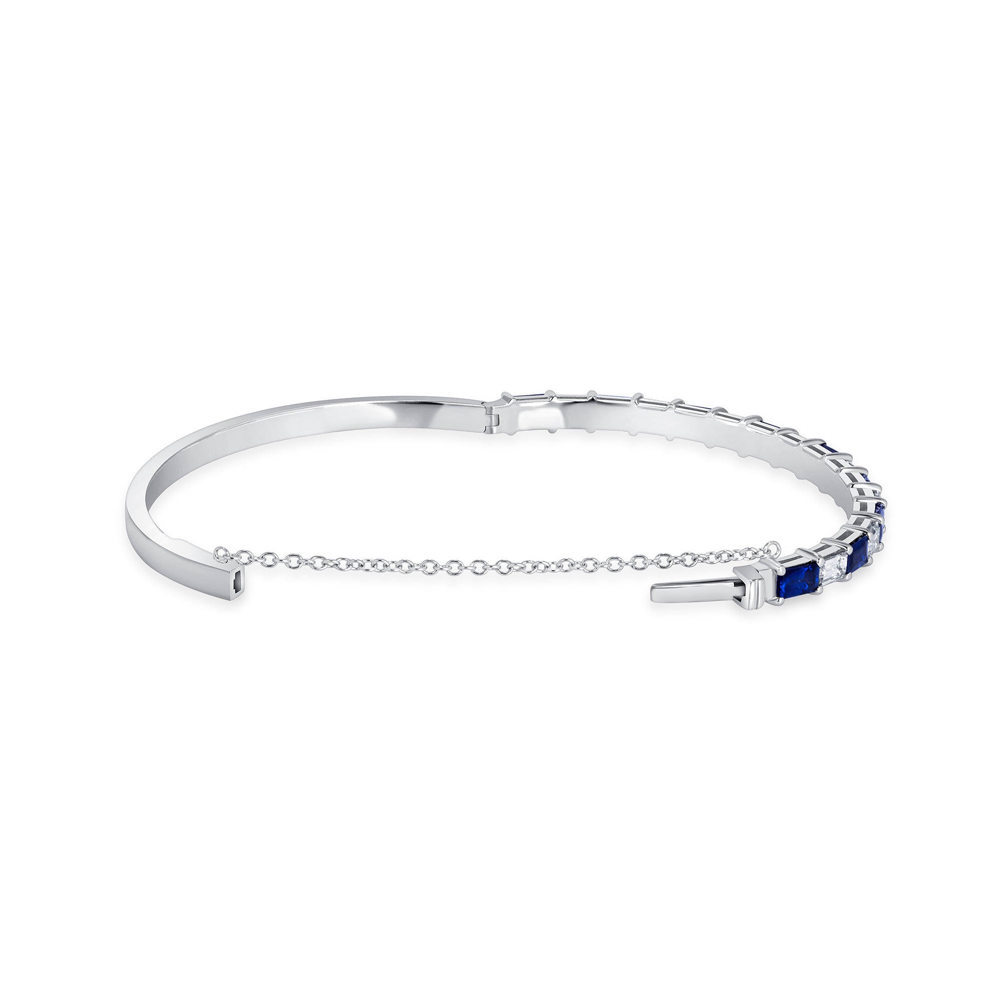 East-West Emerald Cut Sapphire & Diamond Hinged Bangle Bracelet In 18 Karat White Gold