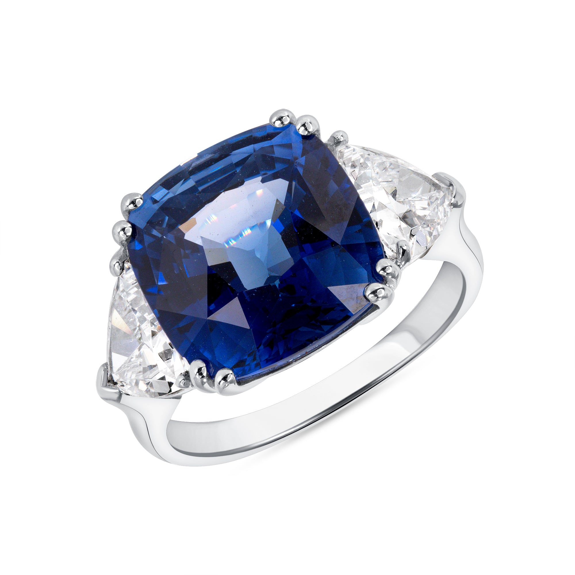Cushion Cut Blue Sapphire and Trillion Cut Diamond Three Stone Ring