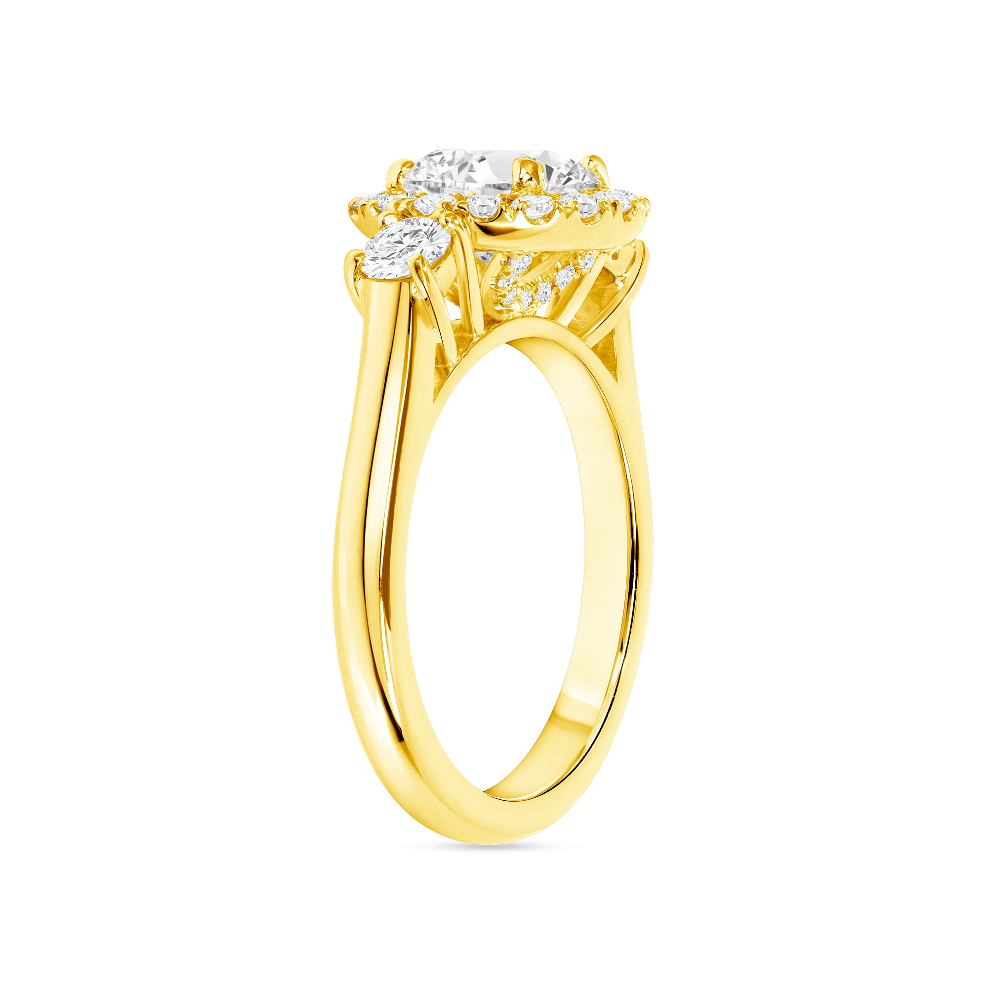 Round Brilliant Cut Three Stone Halo Engagement Ring In 18 Karat Yellow Gold