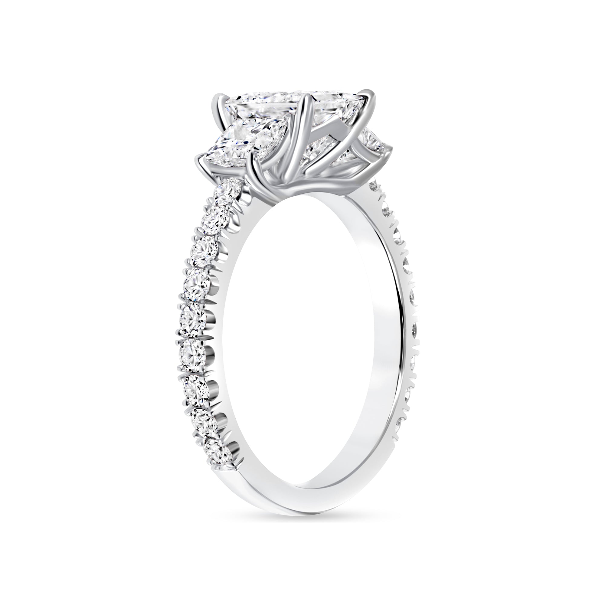 Princess Cut Diamond Three Stone Pavé Engagement Ring Platinum