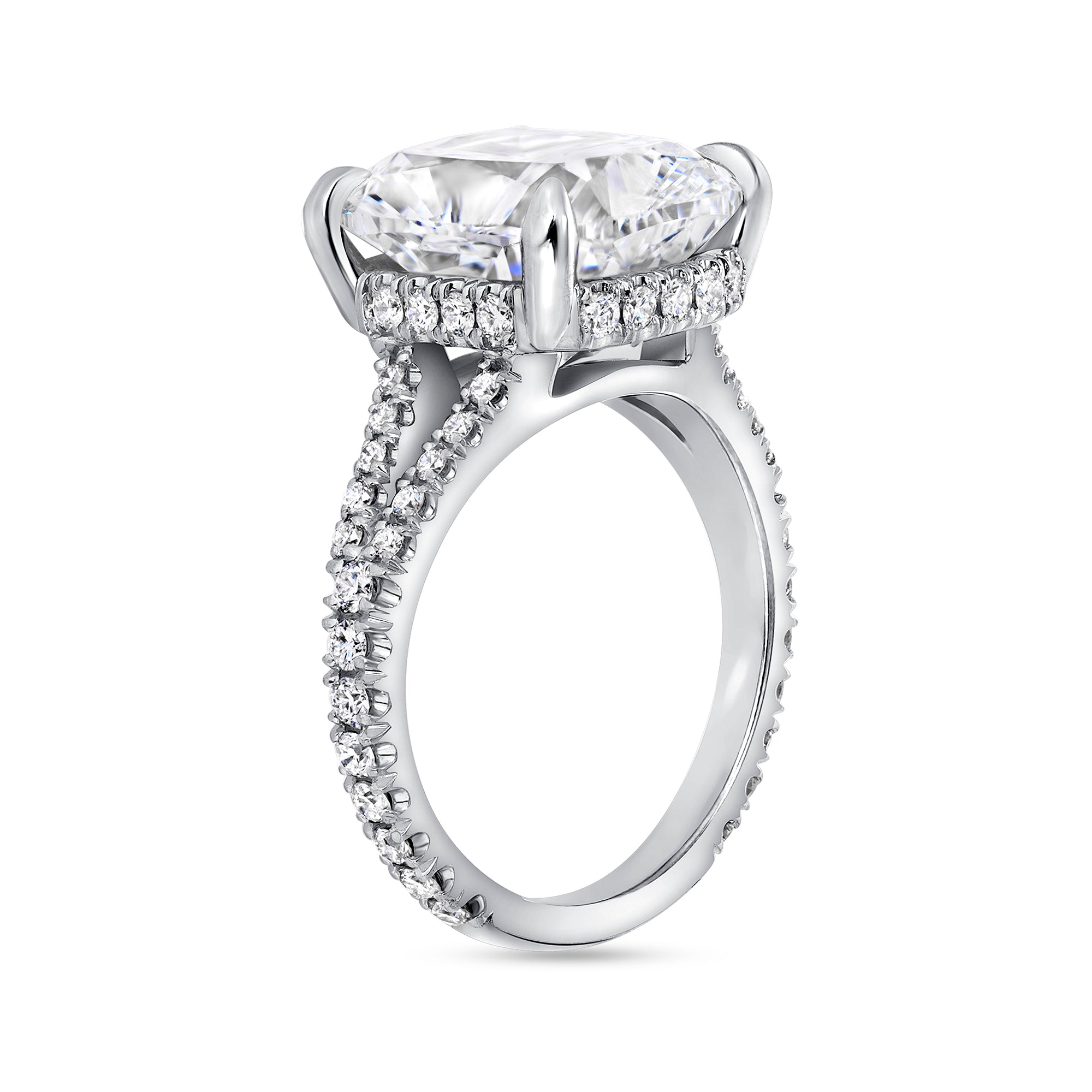 Cushion Cut Diamond Hidden Halo Engagement Ring with Pavé Split Band in Platinum Ruthenium