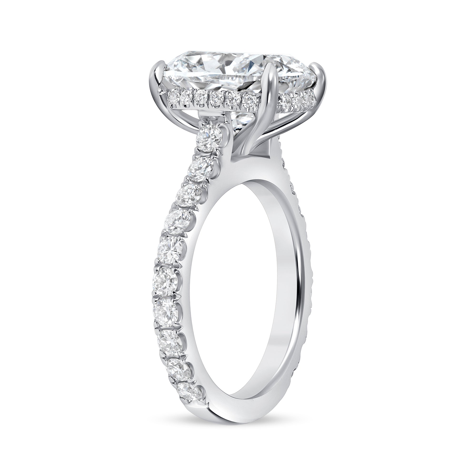 Elongated Cushion Cut Diamond Engagement Ring with Pavé Band in Platinum