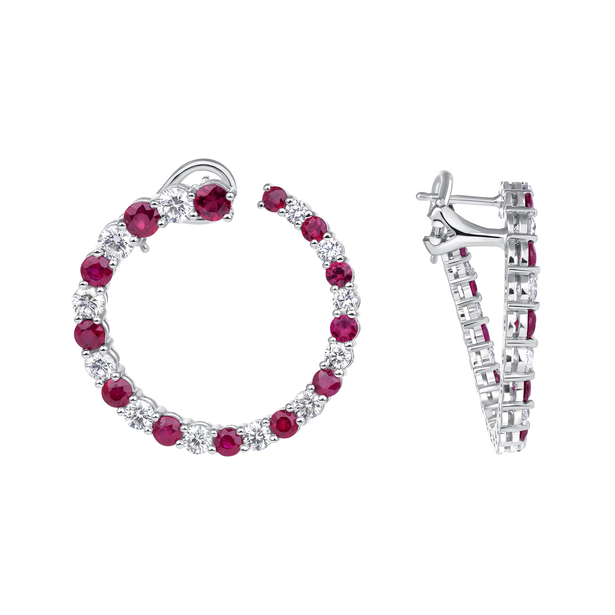 Graduated Round Cut Ruby & Diamond Hoop Earrings in 18 Karat White Gold