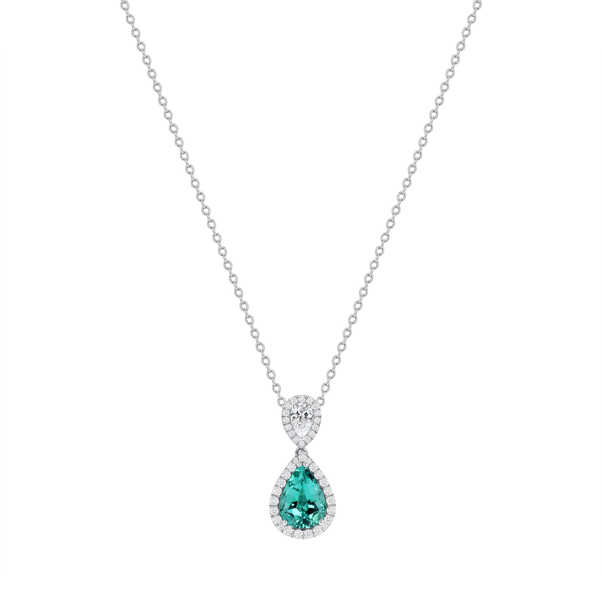 Blue Lagoon Tourmaline Diamond Halo Pendant In 18 karat white gold