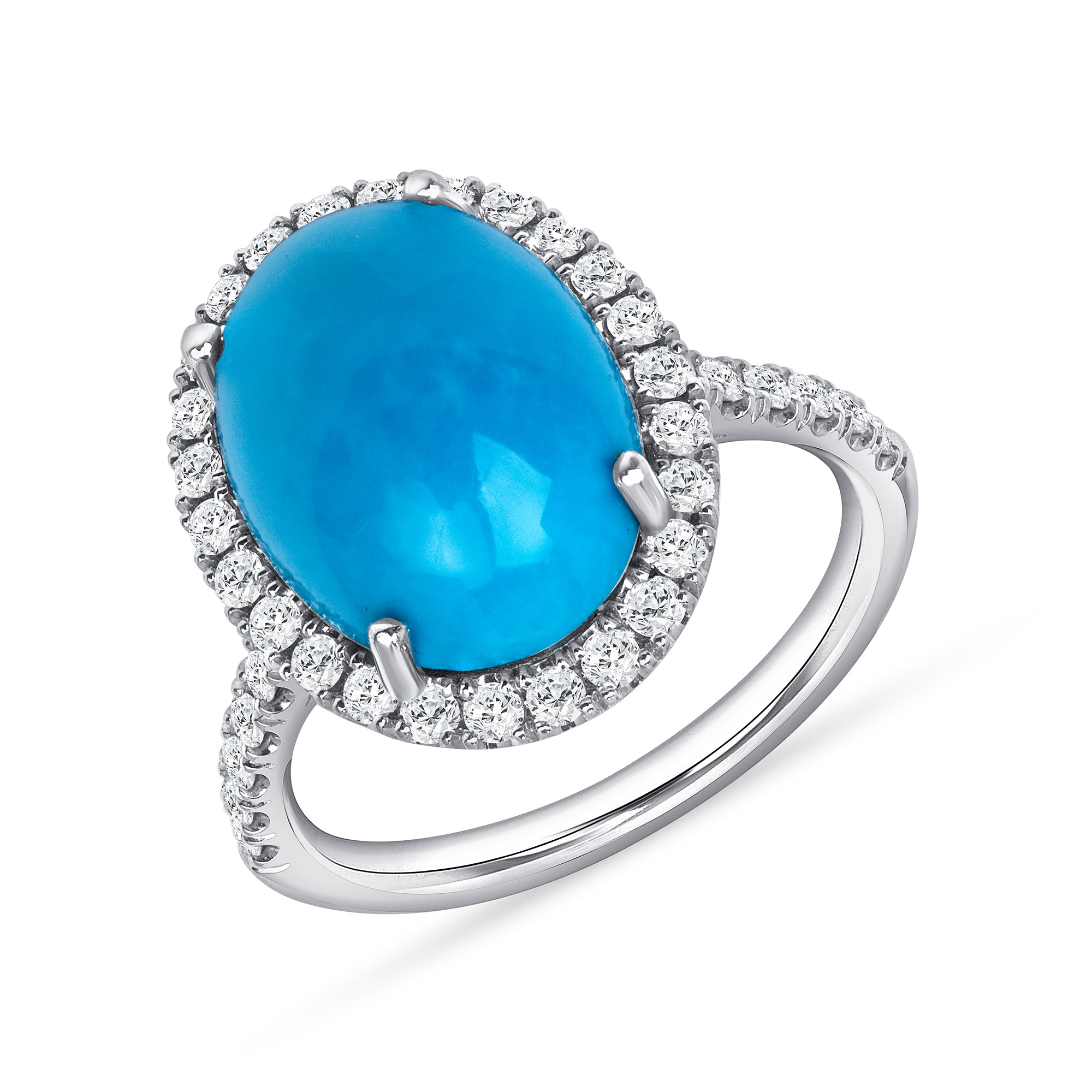 Oval Turquoise and Diamond Halo Ring in 14K White Gold