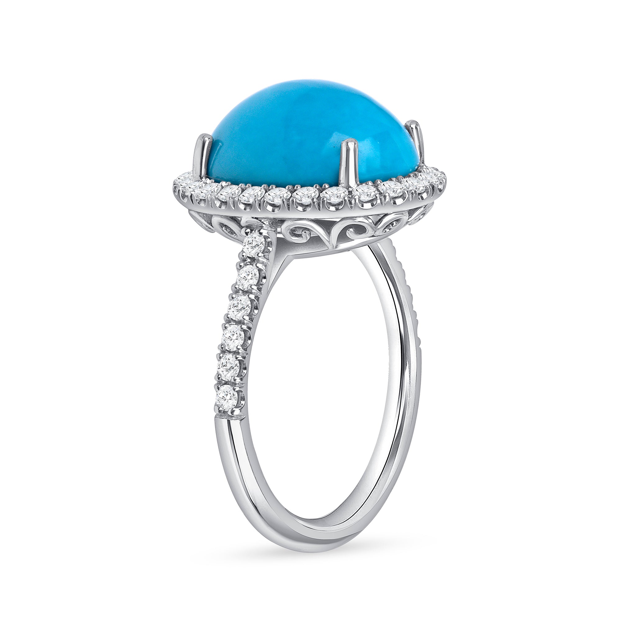 Oval Turquoise and Diamond Halo Ring in 14K White Gold
