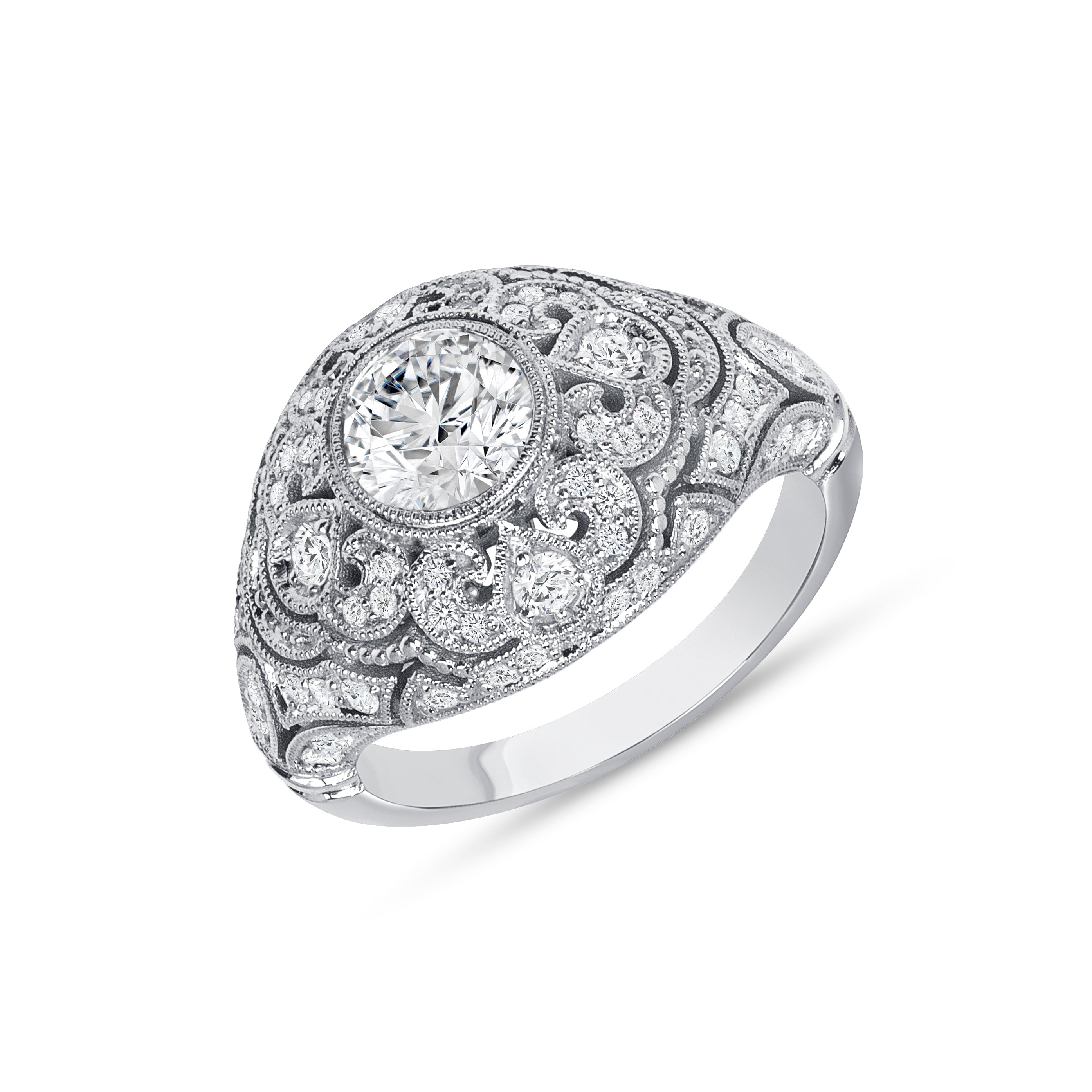 0.78ctw Round Diamond Center Art Deco Ring in 14K White Gold