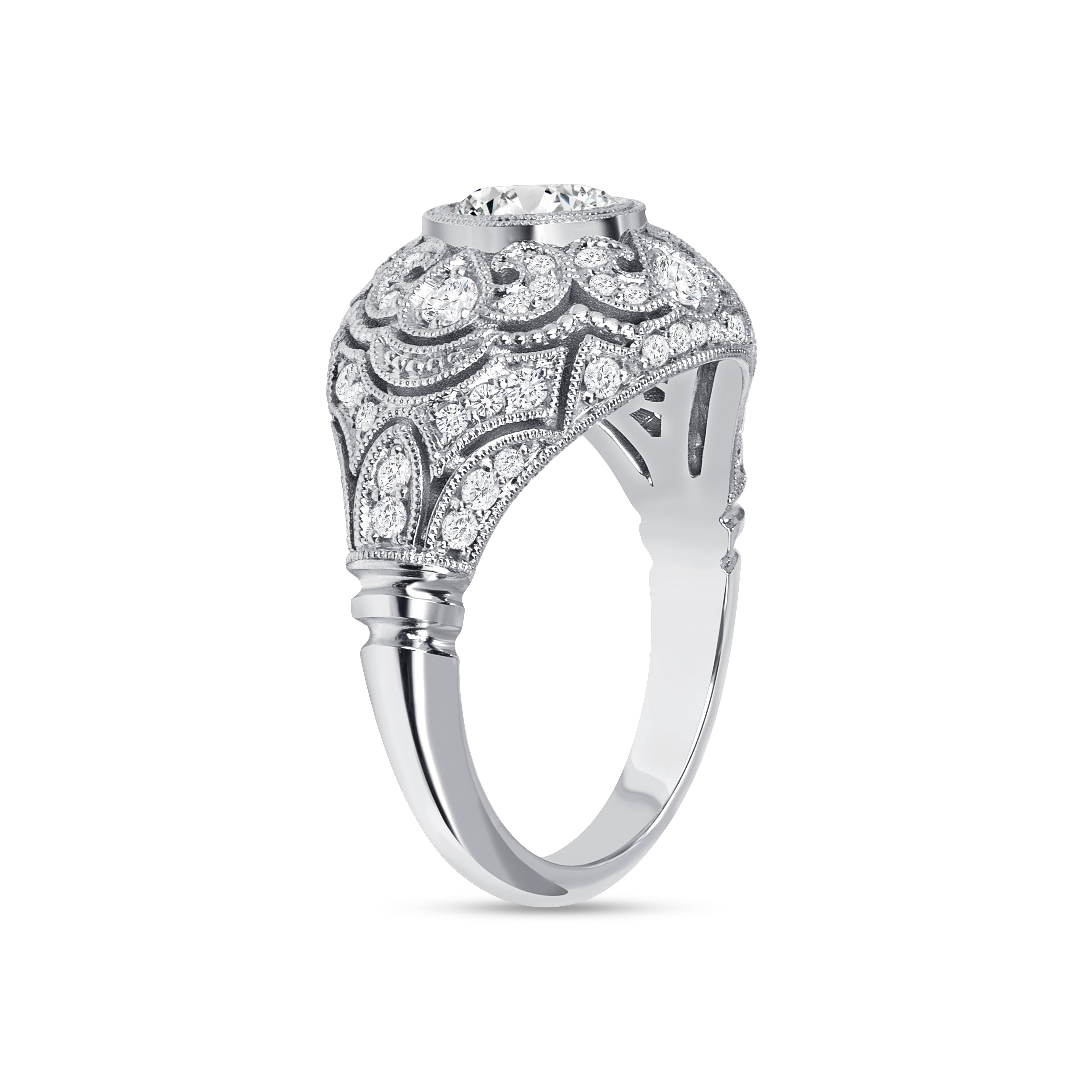 0.78ctw Round Diamond Center Art Deco Ring in 14K White Gold