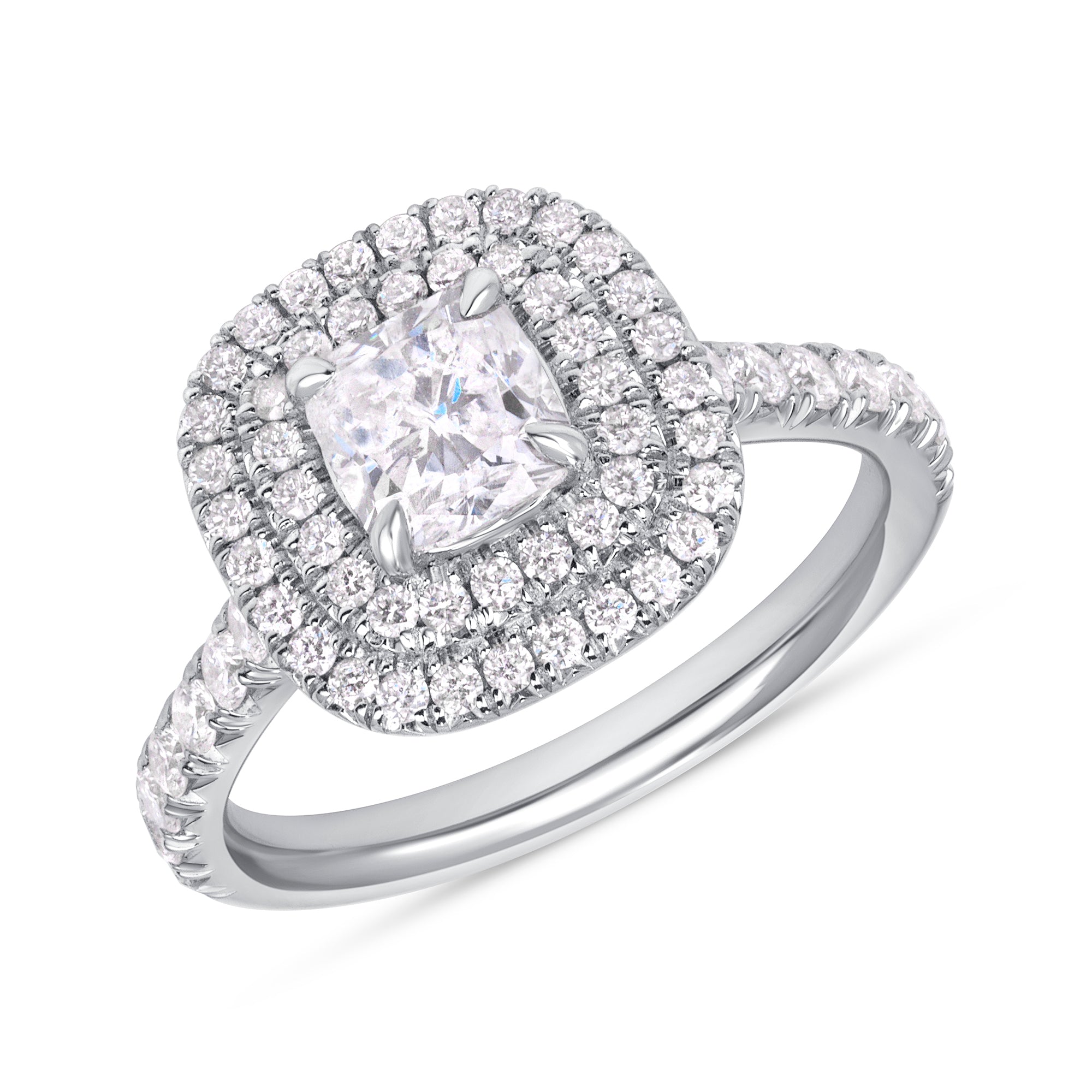 1.76ctw Cushion Cut Double Halo Diamond Cluster Ring in 14K White Gold