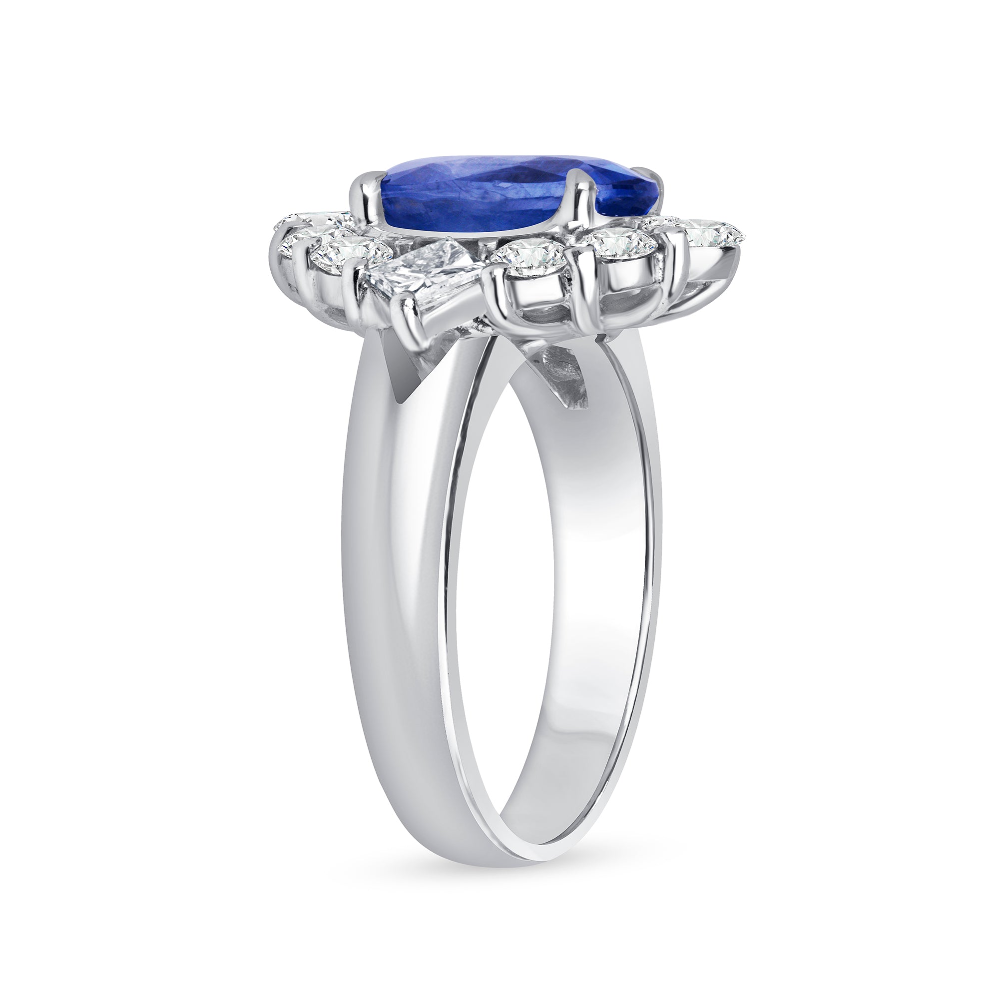Oval Blue Sapphire and Diamond Halo Ring in Platinum