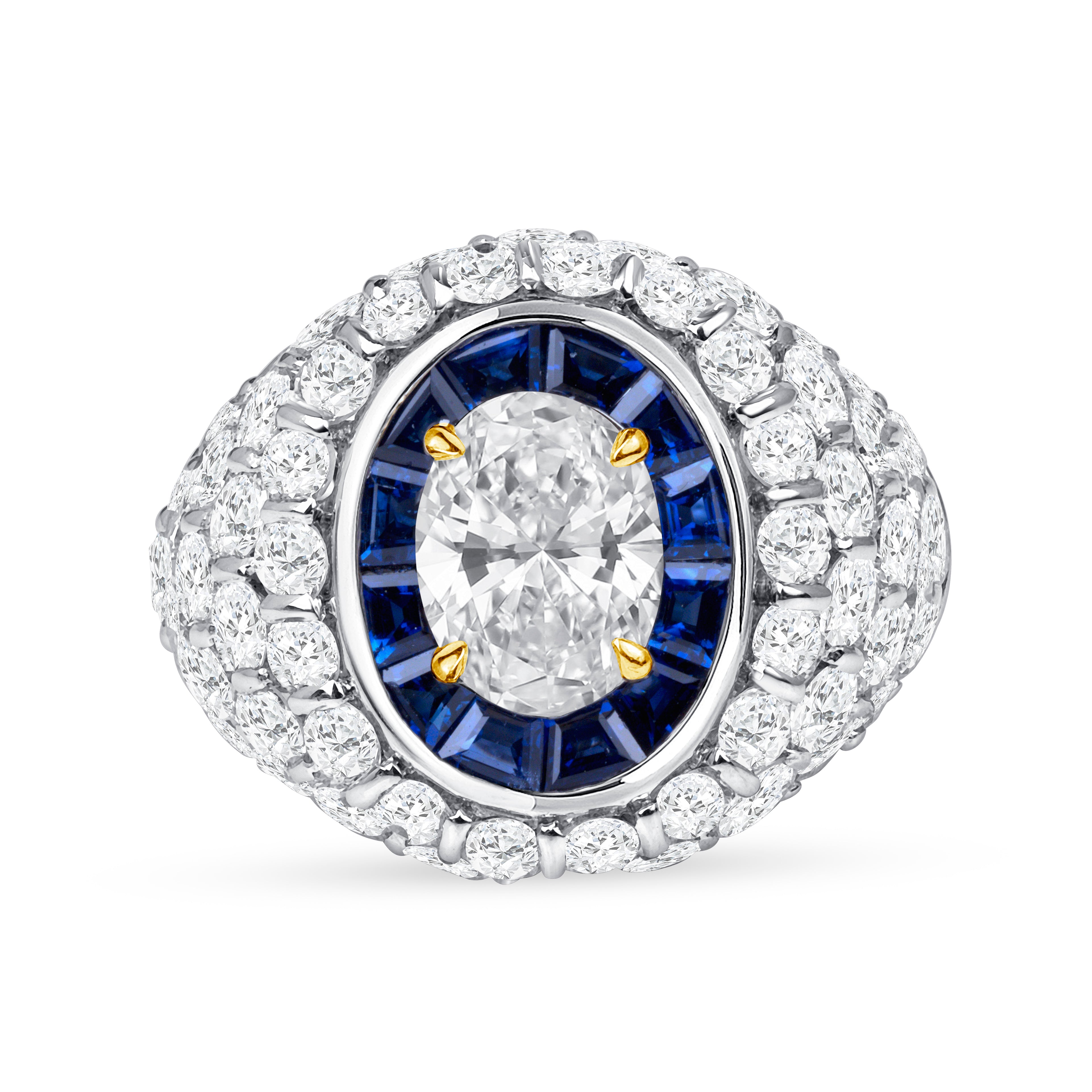 Oval Diamond and Blue Sapphire Cluster Ring in 18K White Gold