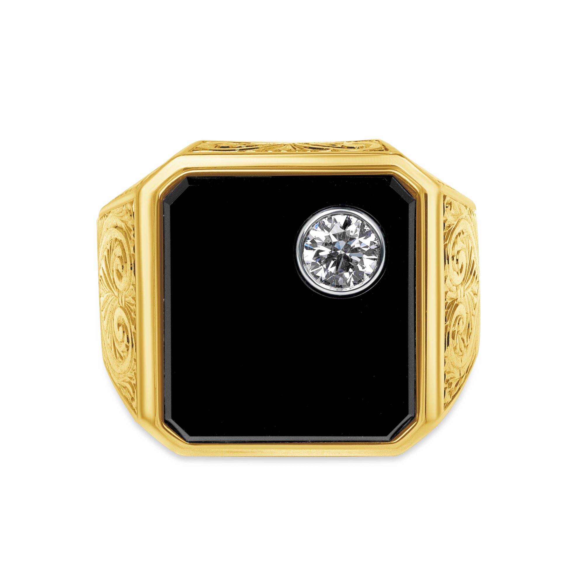 Bezel Set Round Cut Diamond Detailed Signet Ring with Black Enamel in Two Tone Gold