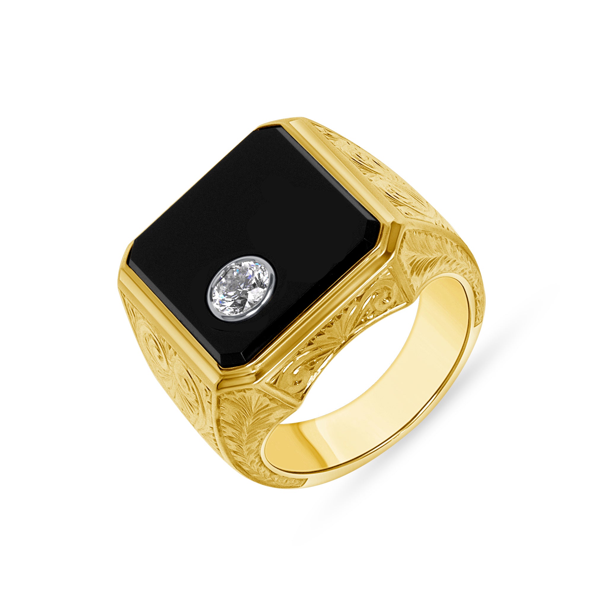 Bezel Set Round Cut Diamond Detailed Signet Ring with Black Enamel in Two Tone Gold