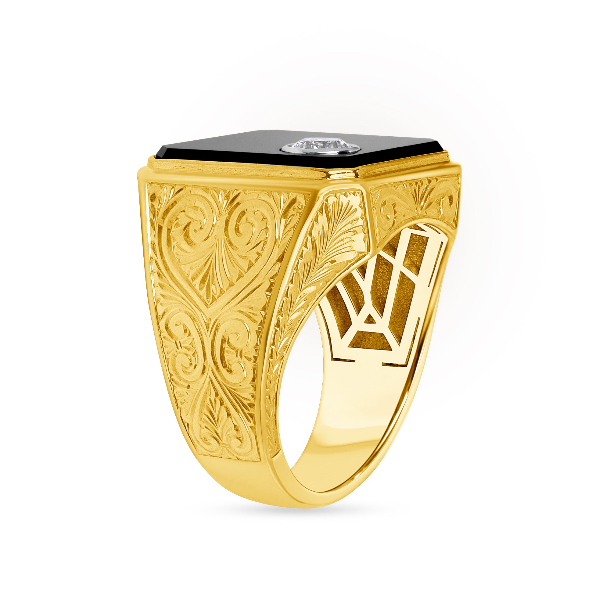 Bezel Set Round Cut Diamond Detailed Signet Ring with Black Enamel in Two Tone Gold